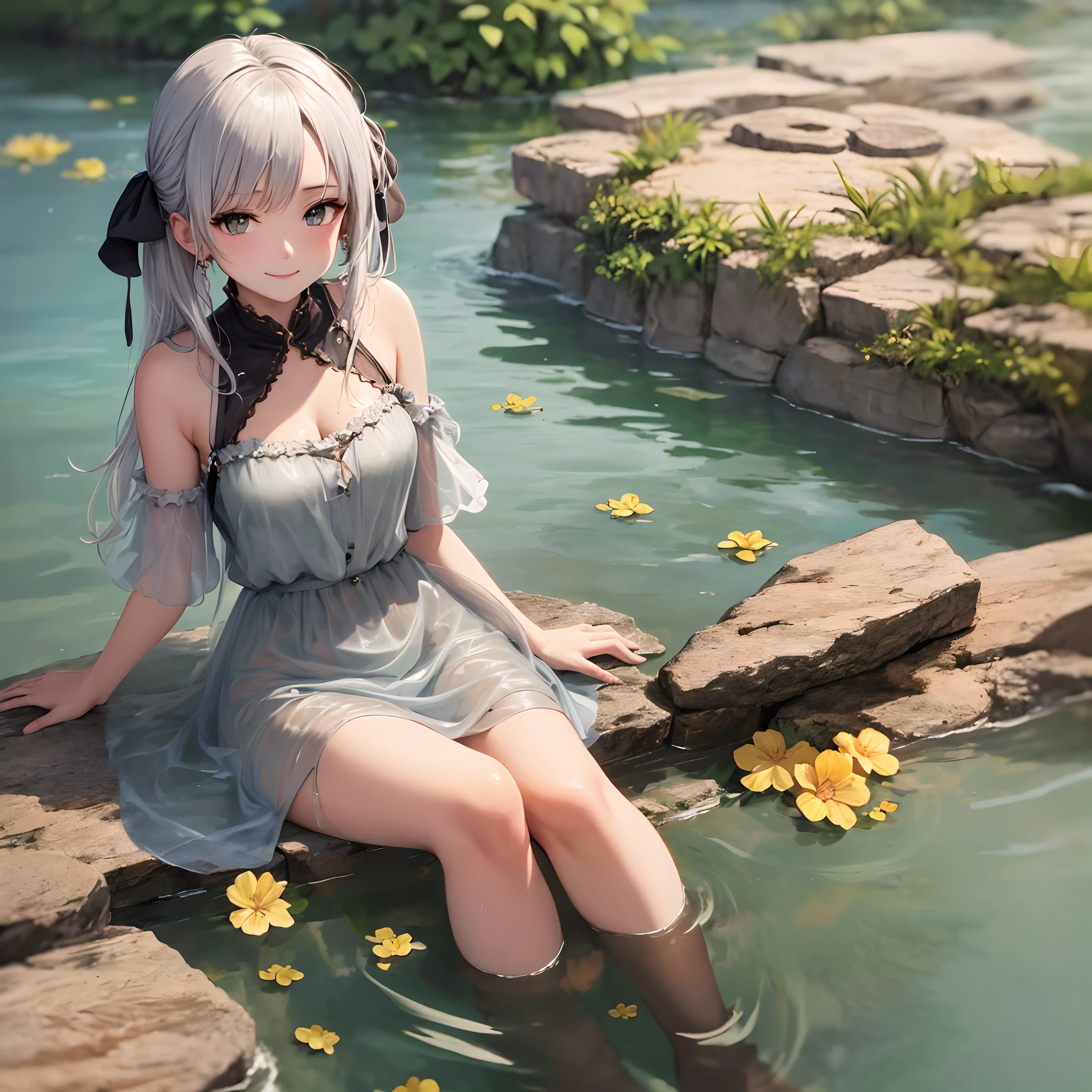 8k, masterwork, (best quality), (best quality), incredible ble_absurdres, highly detailed, exquisite rendering, beautiful, (highres), original, floating, close up, ink painting, flat shading, (one girl), (wearing in water: 1.5), (upper body: 1.5), (upper body: 1.2), foot soak, underwater feet, silver hair, hot springs, thigh ribbons, wet clothes, smile, (large clothing: 1.3),