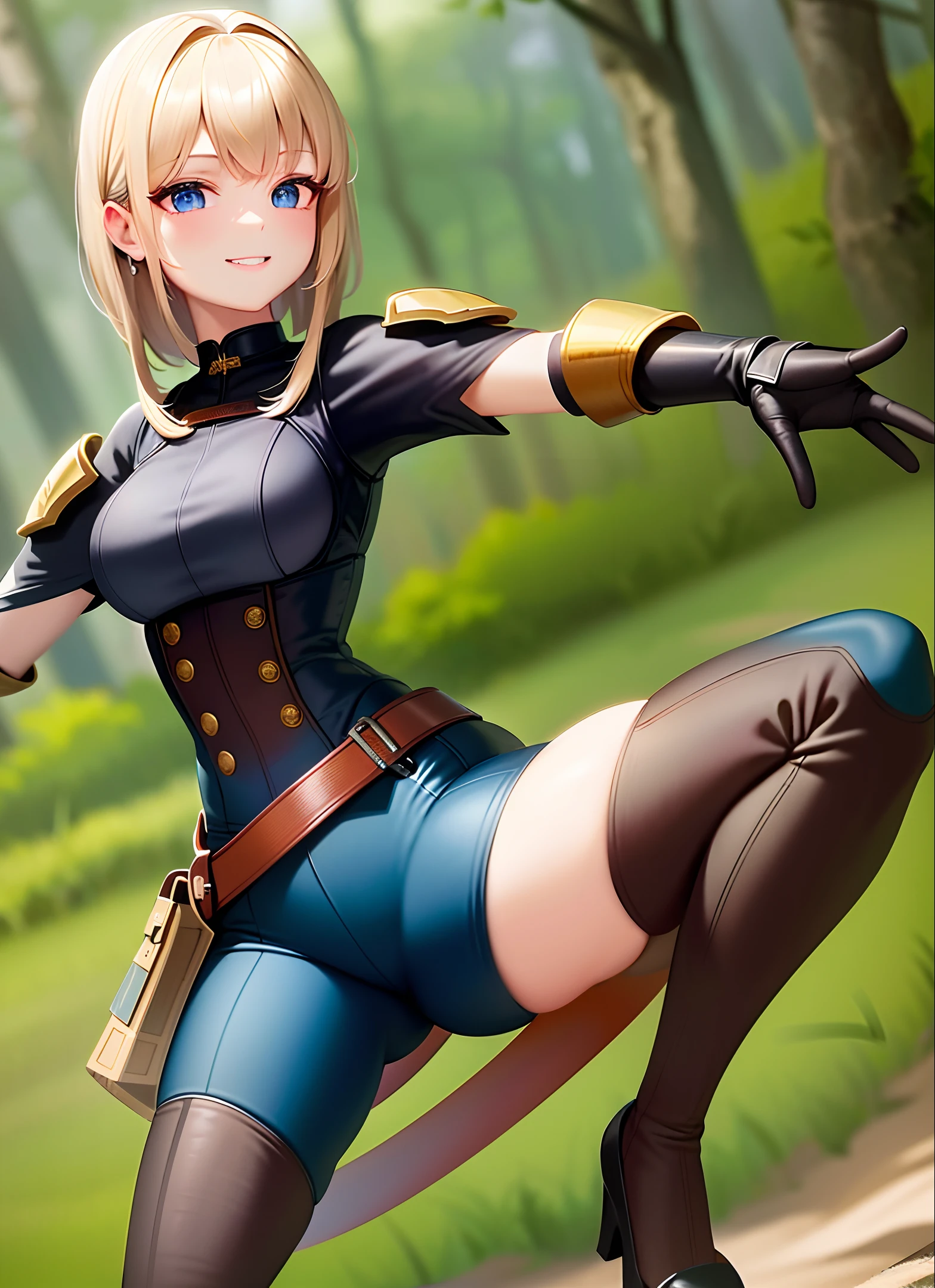 An ultra-detailed, 8k masterpiece, featuring Rivanna, a girl in hunter gear (including pants) in the middle of a forest. She is light blonde, has gray-blue eyes, has soft features, round face, small breasts, and is warmly smiling.