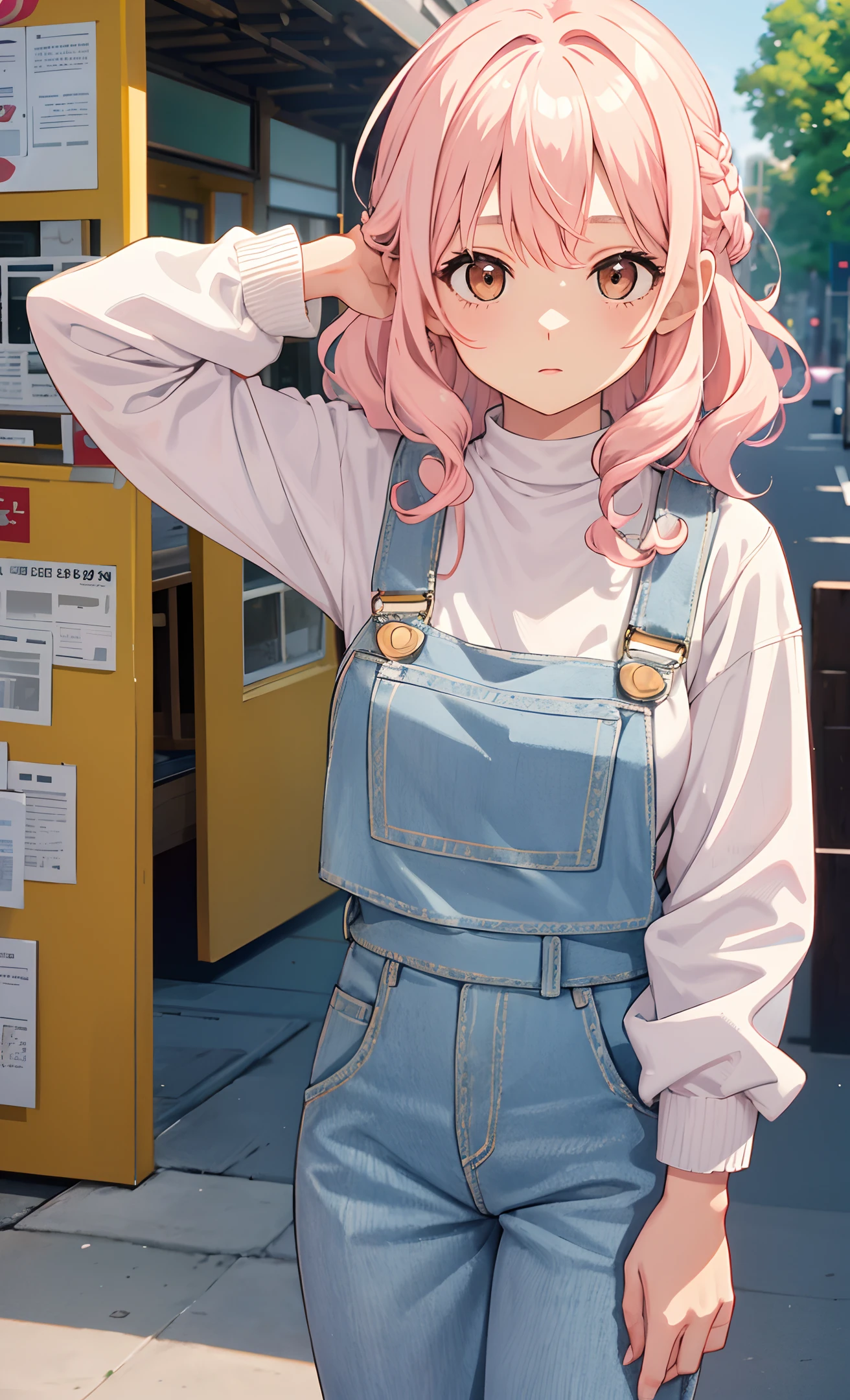 A girl, light pink hair, denim overalls, white t-shirt, light yellow jacket, medium length hair, full chest hair, slightly curly hair, single-sided twist knitting, high detail, official artwork, anime cute art style, 8k! animated illustration