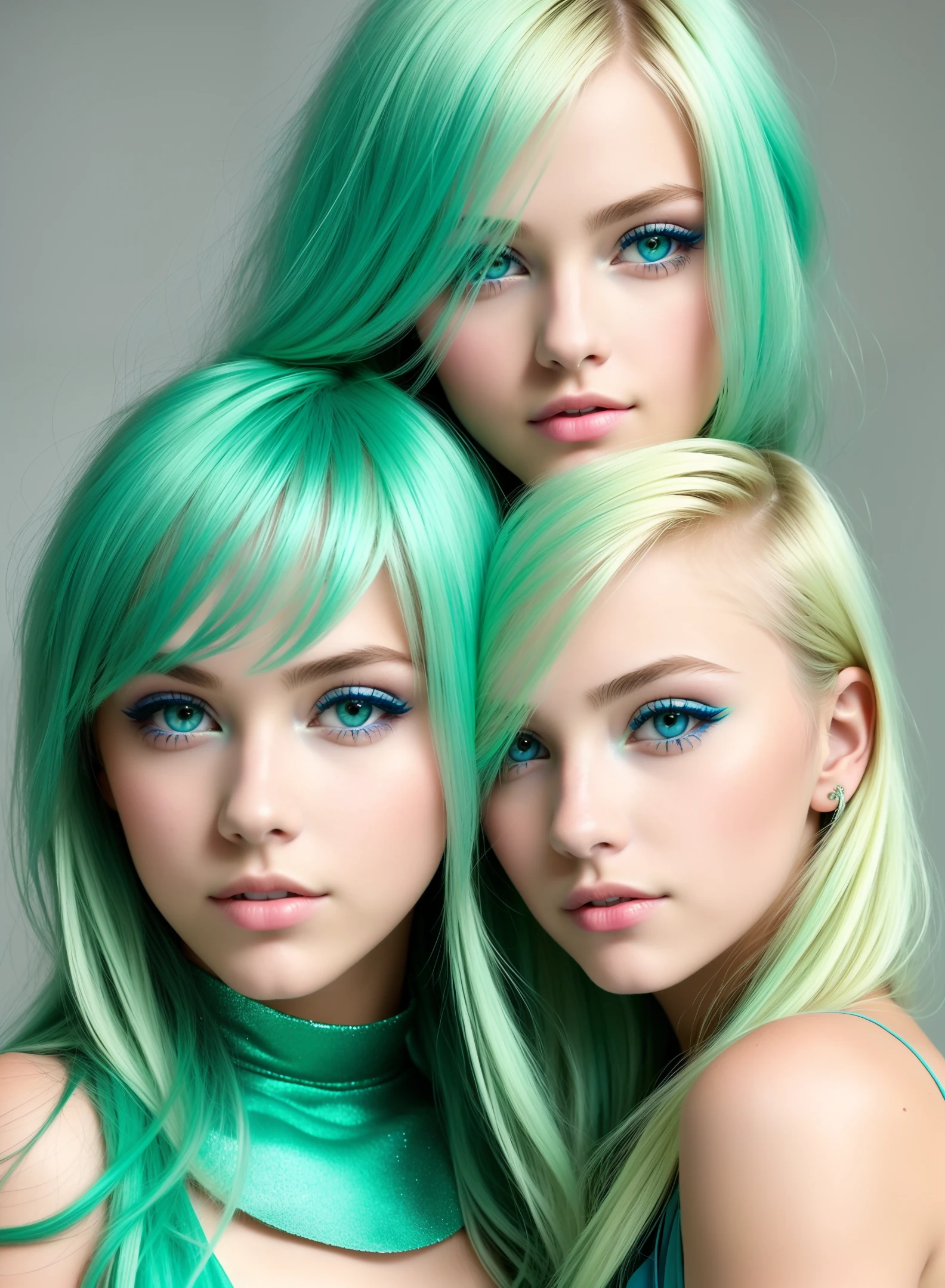 Sexy girls blond hair bleu eyes and green make up deductieve clothea
