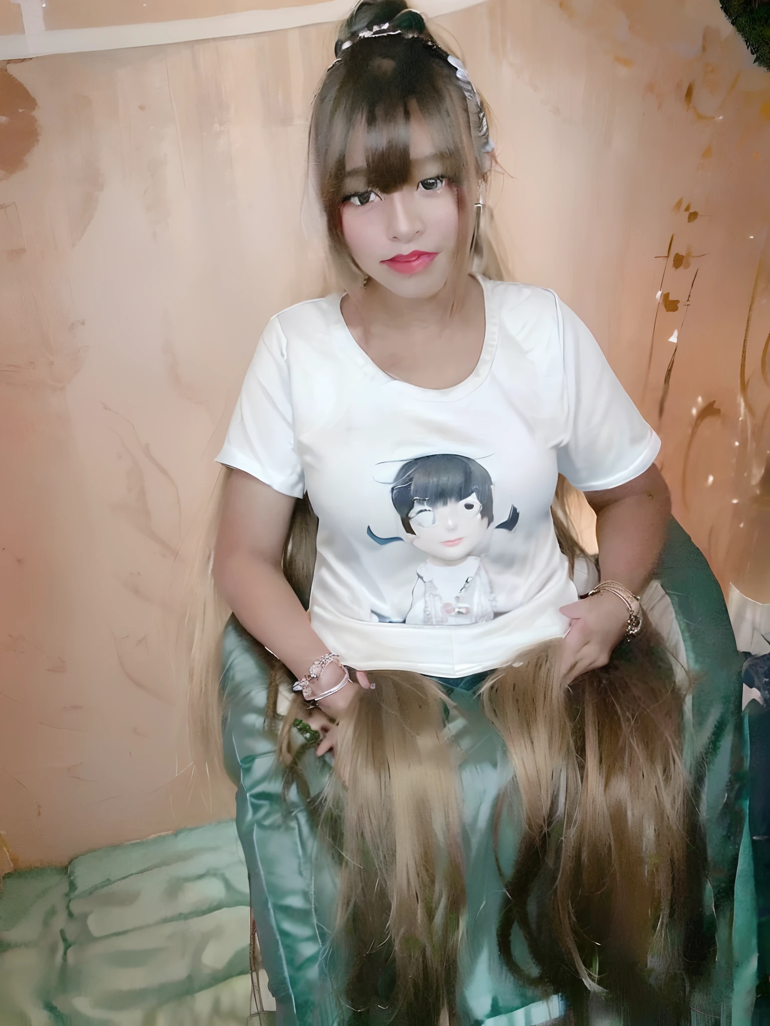 (8k, best quality, portrait, masterpiece:1.2), (realistic, photo-realistic:1.37), ultra-detailed, 1girl, cute, long hair, heavy eye makeup, solo, beautiful detailed sky, cityscape, daytime, dating, (nose blush), (smile:1.15), (closed mouth), beautiful detailed eyes, (collared shirt:1.1), white lace, (short hair:1.2), floating hair NovaFrogStyle,