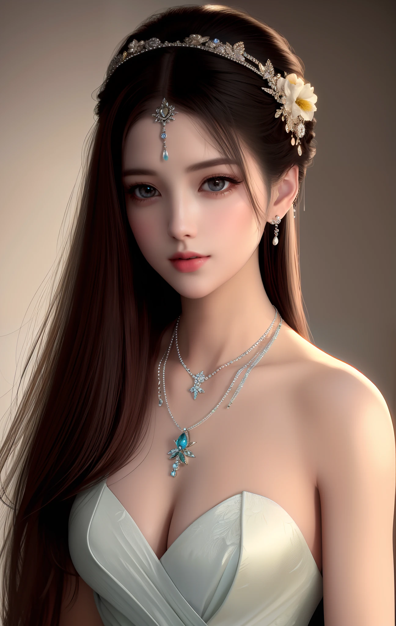 Best quality, masterpiece, high resolution, 1girl, porcelain dress, hair accessories, necklace, jewelry, beautiful face, body, Tyndall effect, realistic, dark studio, edge lighting, two-tone lighting, (high detail skin: 1.2), 8k UHD, dslr, soft light, high quality, volumetric light, full nudity, e-cup, photo, high resolution, 4k, 8k, background blur