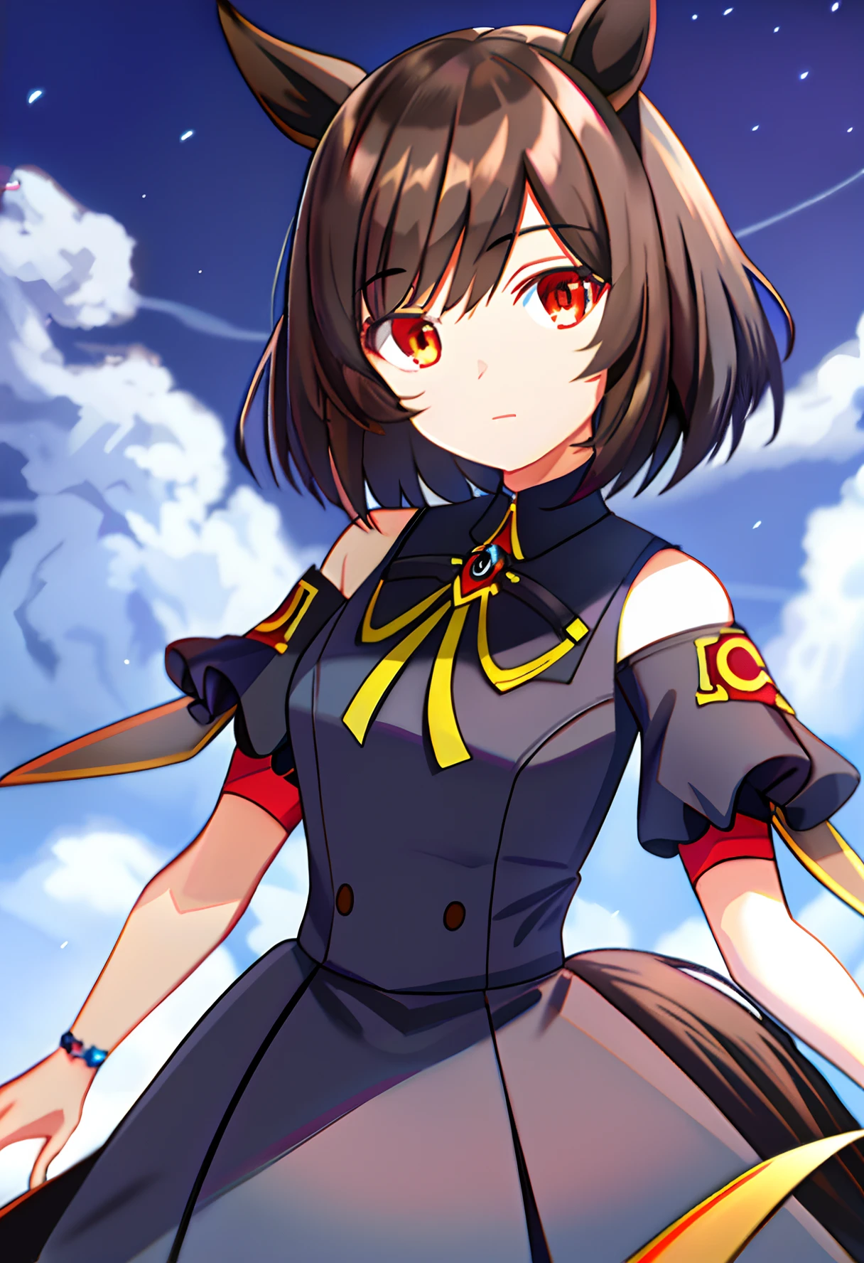 agnes tachyon _(umamusume), 1girl,animal ears ,horse ears ,horse girl ,horse tail,masterpiece, best quality, creepy eyes, red eyes, brown hair, ((short hair)), antenna hair,