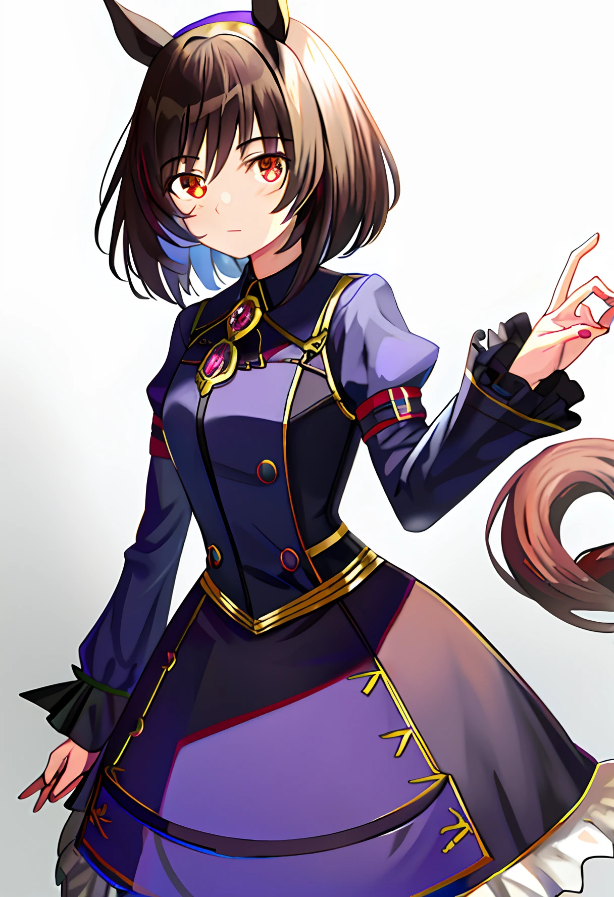 agnes tachyon _(umamusume), 1girl,animal ears ,horse ears ,horse girl ,horse tail,masterpiece, best quality, creepy eyes, red eyes, brown hair, ((short hair)), antenna hair,