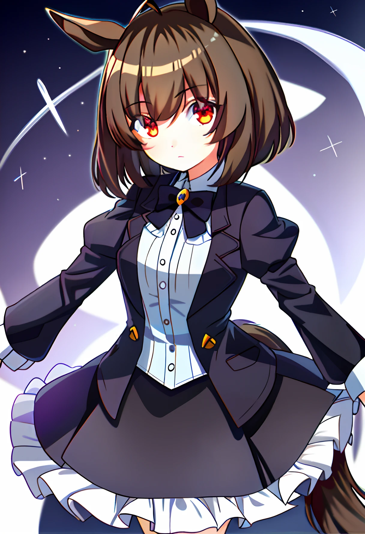 agnes tachyon _(umamusume), 1girl,animal ears ,horse ears ,horse girl ,horse tail,masterpiece, best quality, creepy eyes, red eyes, brown hair, ((short hair)), antenna hair,