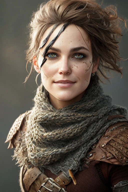 rogue thief girl, worn damaged leather armor, (knitted rogue Neck Gaiter), (smirk), (nose blush), beautiful detailed eyes, (messy hair), drawn by Greg Rutkowski, (Yoji Shinkawa:0.3)