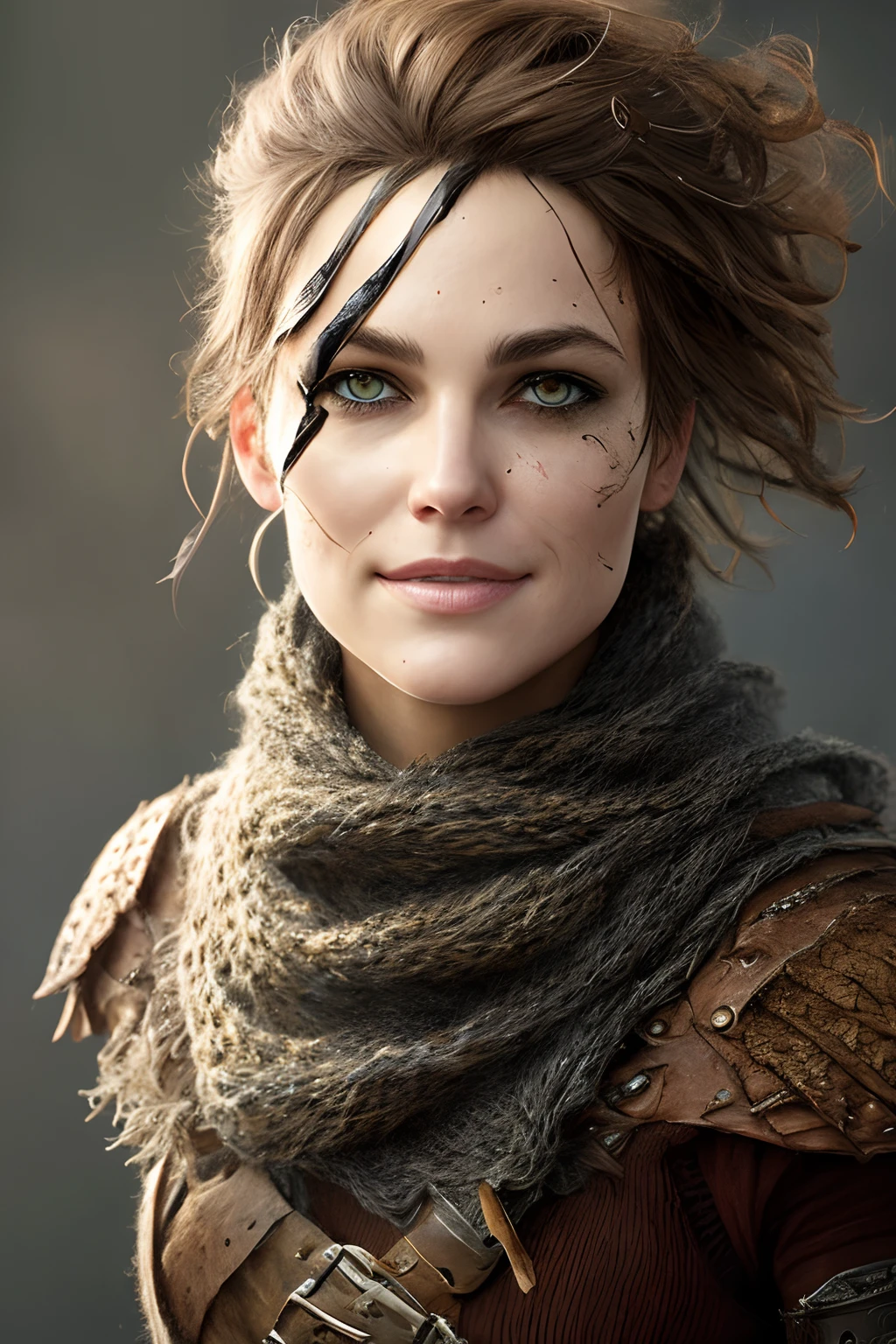 rogue thief girl, worn damaged leather armor, (knitted rogue Neck Gaiter), (smirk), (nose blush), beautiful detailed eyes, (messy hair), drawn by Greg Rutkowski, (Yoji Shinkawa:0.3)