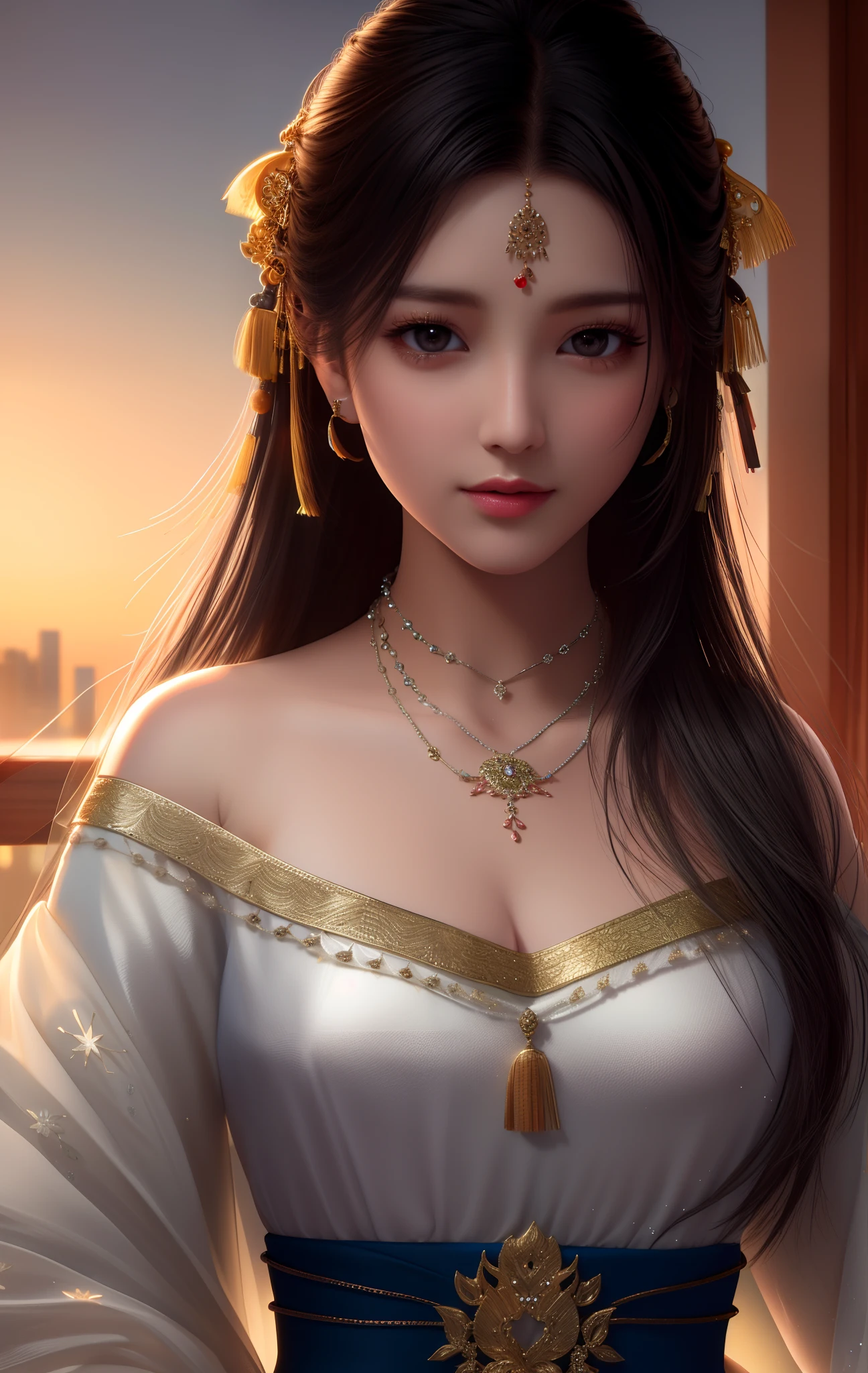 best quality, masterpiece, high resolution, 1 girl, Chinese dress, hair ornament, necklace, jewelry, beautiful face, on the body, Tyndall effect, photorealistic, dark studio, rim lighting, two-color lighting, (high skin detail: 1.2), 8k uhd, dslr, soft lighting, high quality, surround lighting, candid, photography, high resolution, 4k, 8k, bokeh