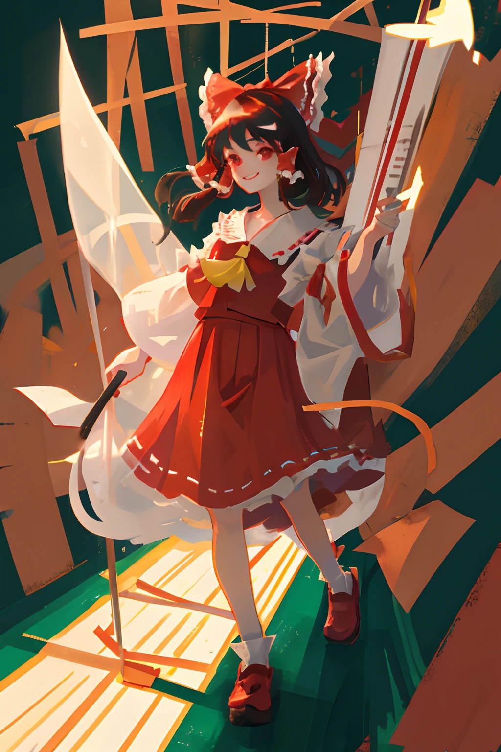1girl, reimu hakurei, standing, sun rays, smiling, light, ((bad anatomy))