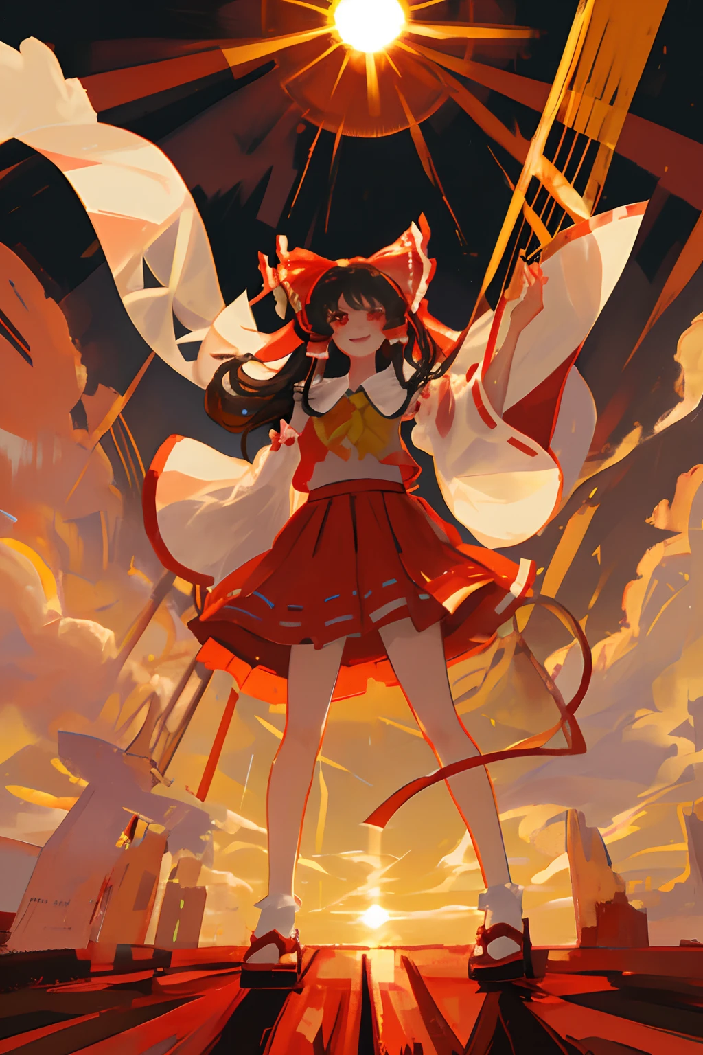 1girl, reimu hakurei, standing, sun rays, smiling, light, ((bad anatomy))