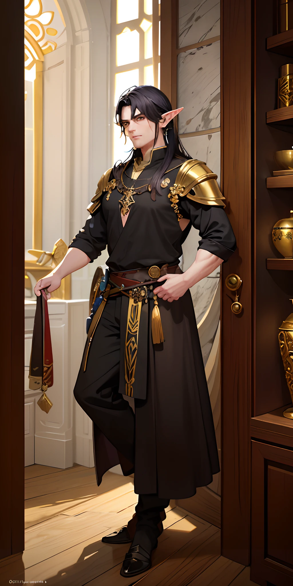 An masterfully crafted and intricate fantasy portrait depicting an rugged and determined middle-aged male elf Warrior monk, clad in earthy tones, sporting vibrant black hair, with Golden Shining Spiritual Woman Behind.