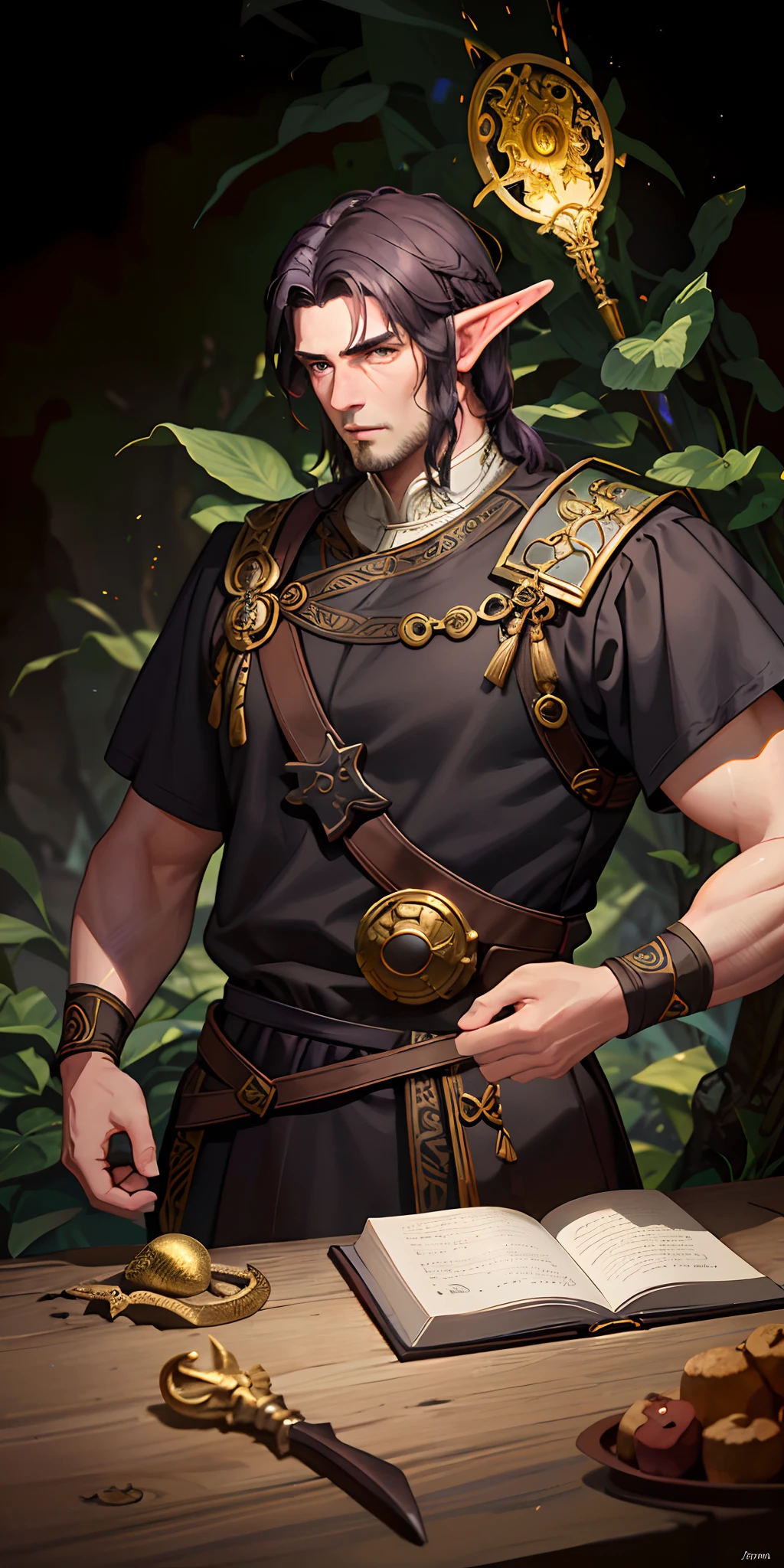 An masterfully crafted and intricate fantasy portrait depicting an rugged and determined middle-aged male elf Warrior monk, clad in earthy tones, sporting vibrant black hair, with Golden Shining Female Ghost Behind.