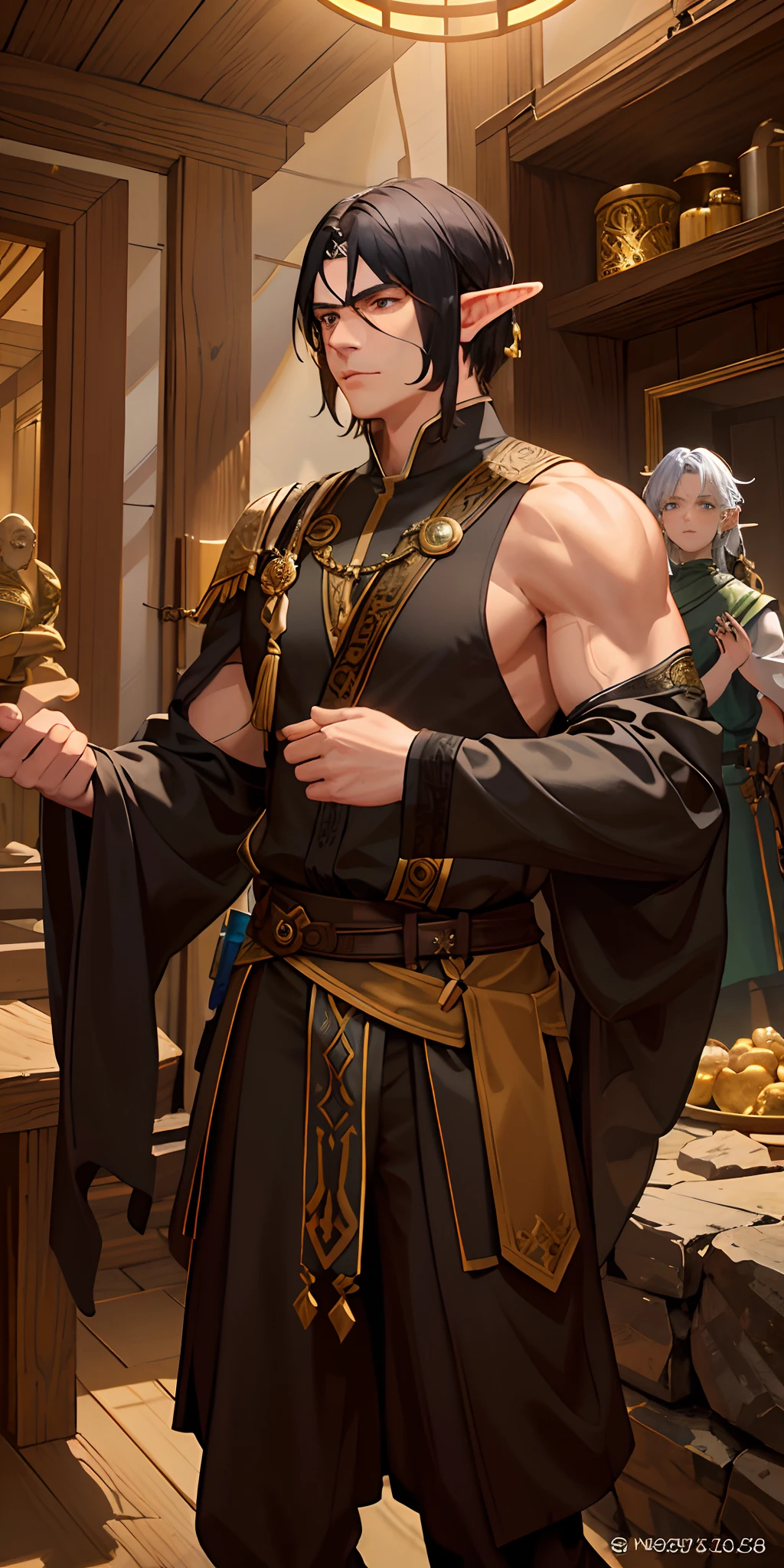 An masterfully crafted and intricate fantasy portrait depicting an rugged and determined middle-aged male elf Warrior monk, clad in earthy tones, sporting vibrant black hair, with Golden Shining Female Ghost Behind.