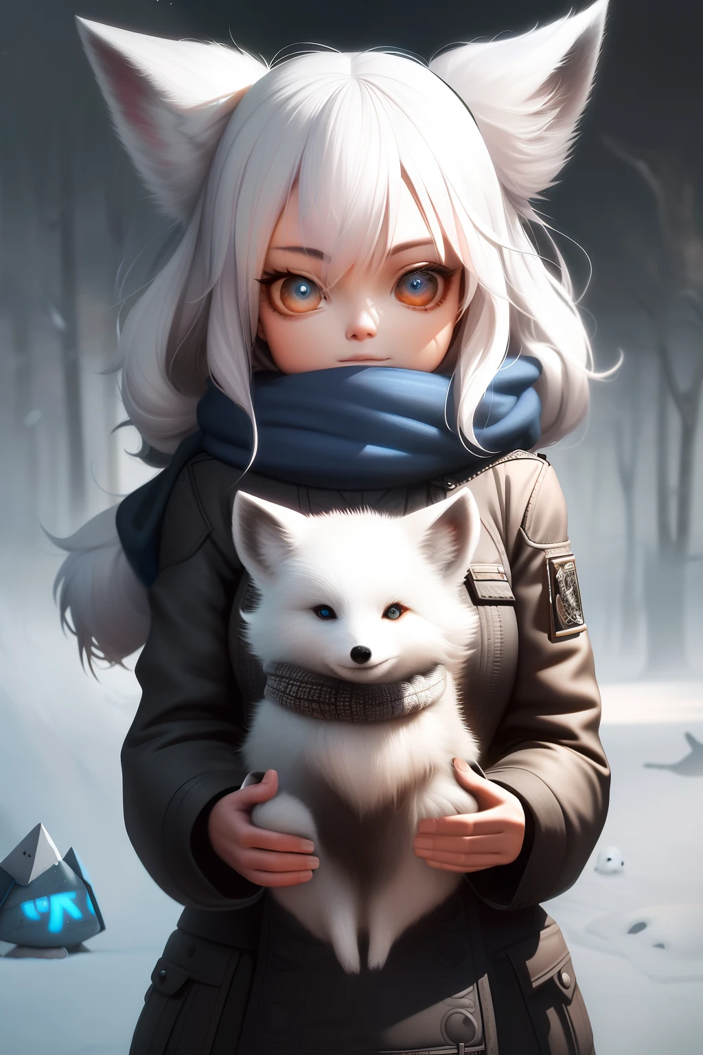 Style-NebMagic, Portrait of a round fluffy cute  arctic fox with a scarf made of Style-SylvaMagic in the snow, by Ismail Inceoglu, Gazelli, james jean, Anton Fadeev and Yoshitaka Amano, insanely detailed, 8k resolution, digital art, trending on artstation, Vibrant Colours, chibi style, a masterpiece, adorable friendly lovely