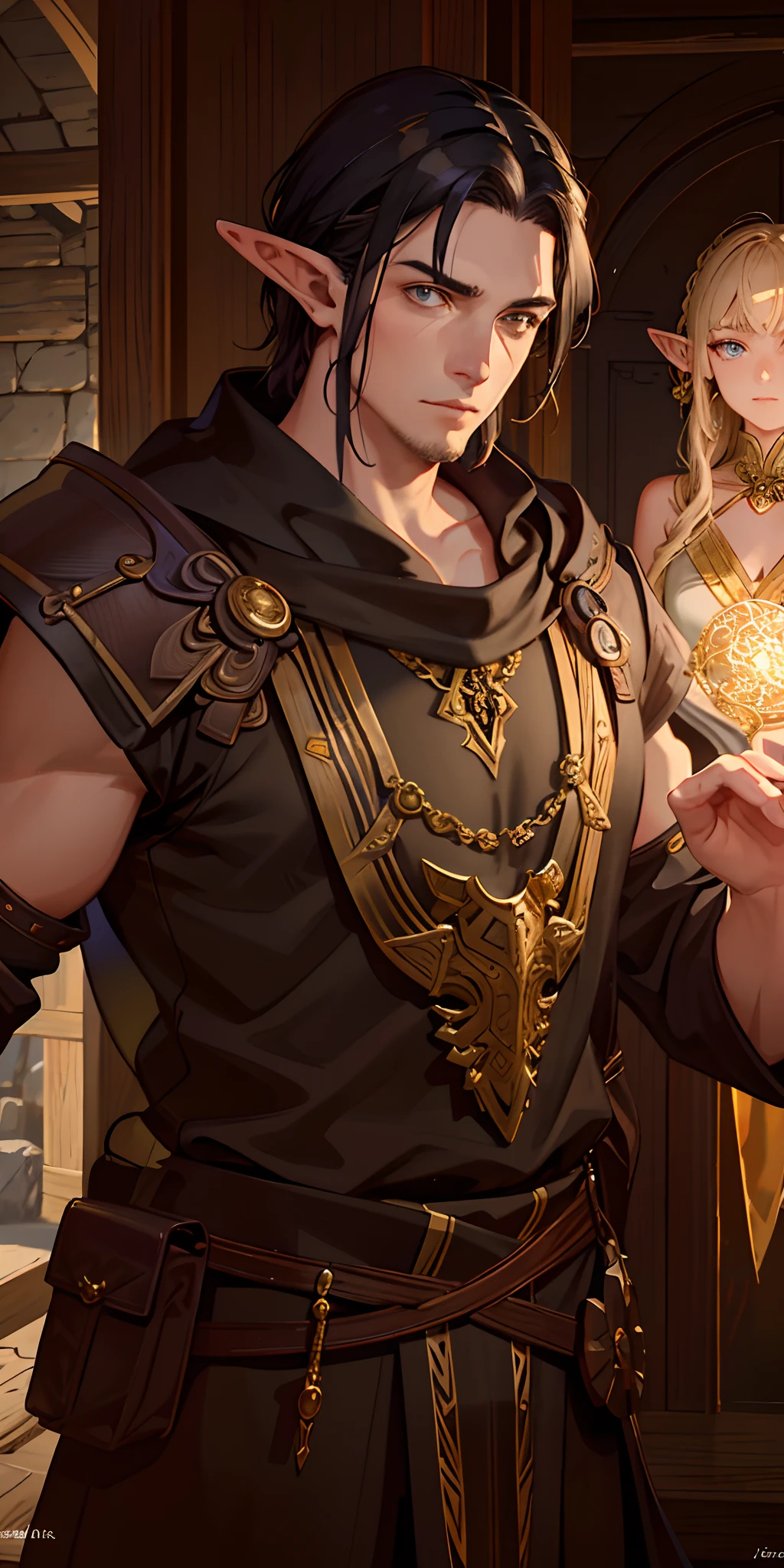 An masterfully crafted and intricate fantasy portrait depicting an rugged and determined middle-aged male elf Warrior monk with Golden Shining Female Ghost Behind, clad in earthy tones, sporting vibrant black hair.