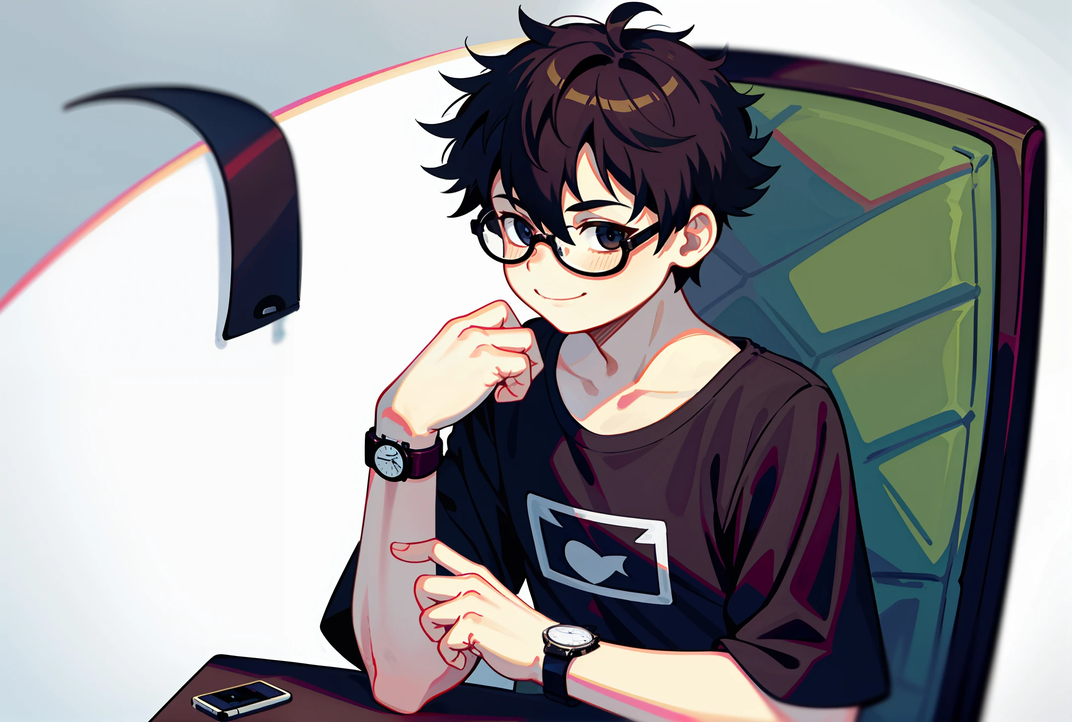 {{goreous}}, illustration, boy with short hair, happy, smiling, prince, super short hair, dark hair, t-shirt, facing right, holding a watch, standing position, looking at the screen, cute, wearing black-rimmed glasses, cell phone, normal hands, five fingers, no chair or background, background is white