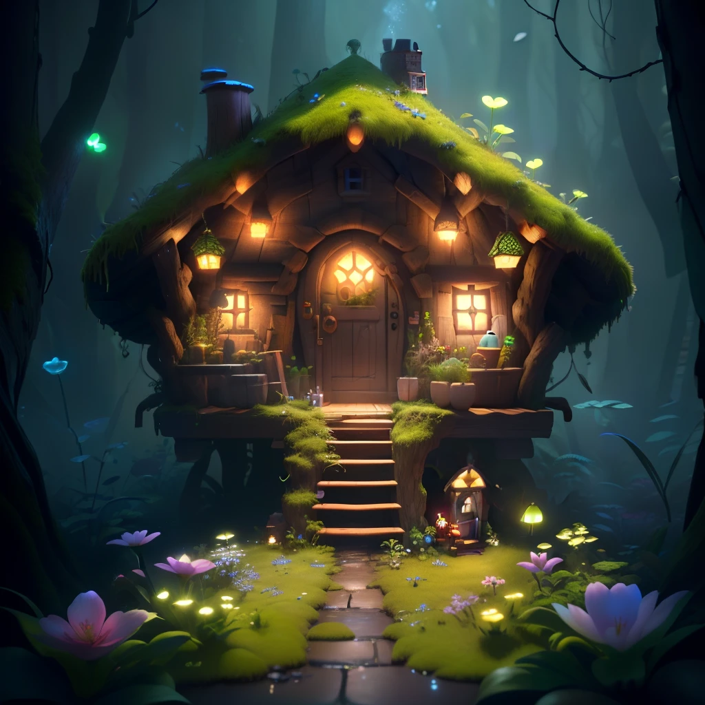 masterpiece, best quality, (extremely detailed CG unity 8k wallpaper), (best quality), (best illustration), (best shadow), (gnome house covered with moss), (dew), (timbo), (stream), firefly, clover, flashlights, wtarlight surrounds the room, petal, isometric 3D, octane rendering, ray tracing, ultra-detailing,