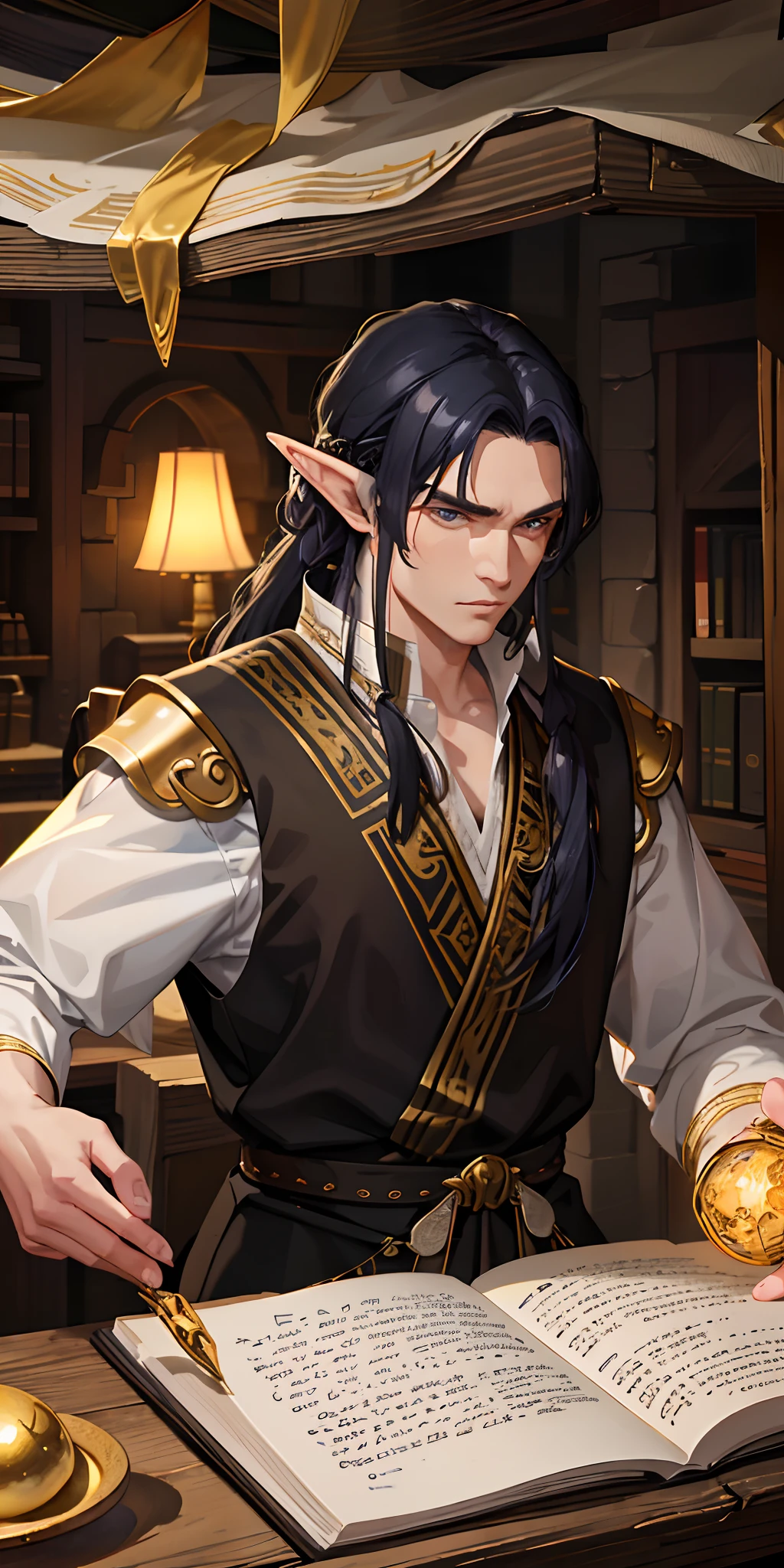 An masterfully crafted and intricate fantasy portrait depicting an rugged and determined middle-aged male elf Warrior monk with Golden Female Ghost Behind, sporting vibrant black hair.