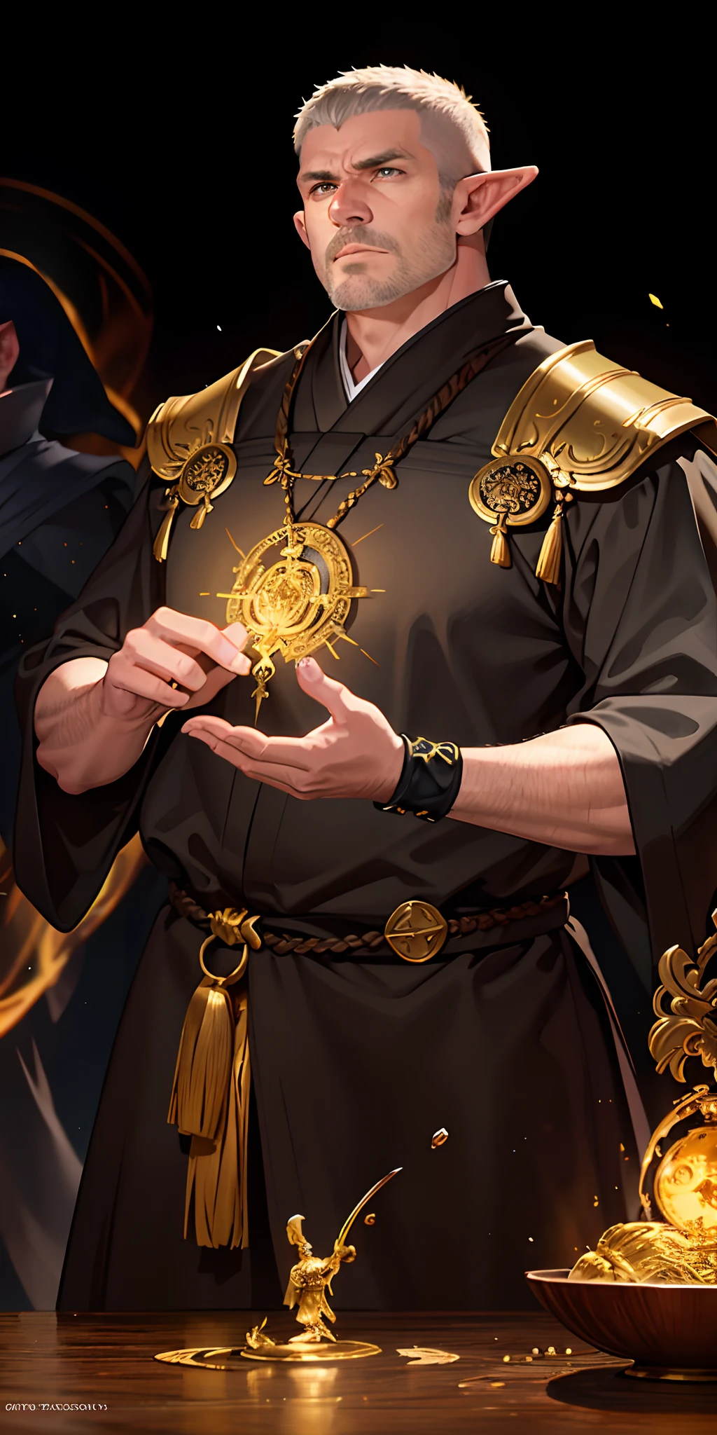 An masterfully crafted and intricate fantasy portrait depicting an rugged and determined middle-aged male elf Warrior monk with Golden Female Ghost Behind, sporting vibrant black hair.