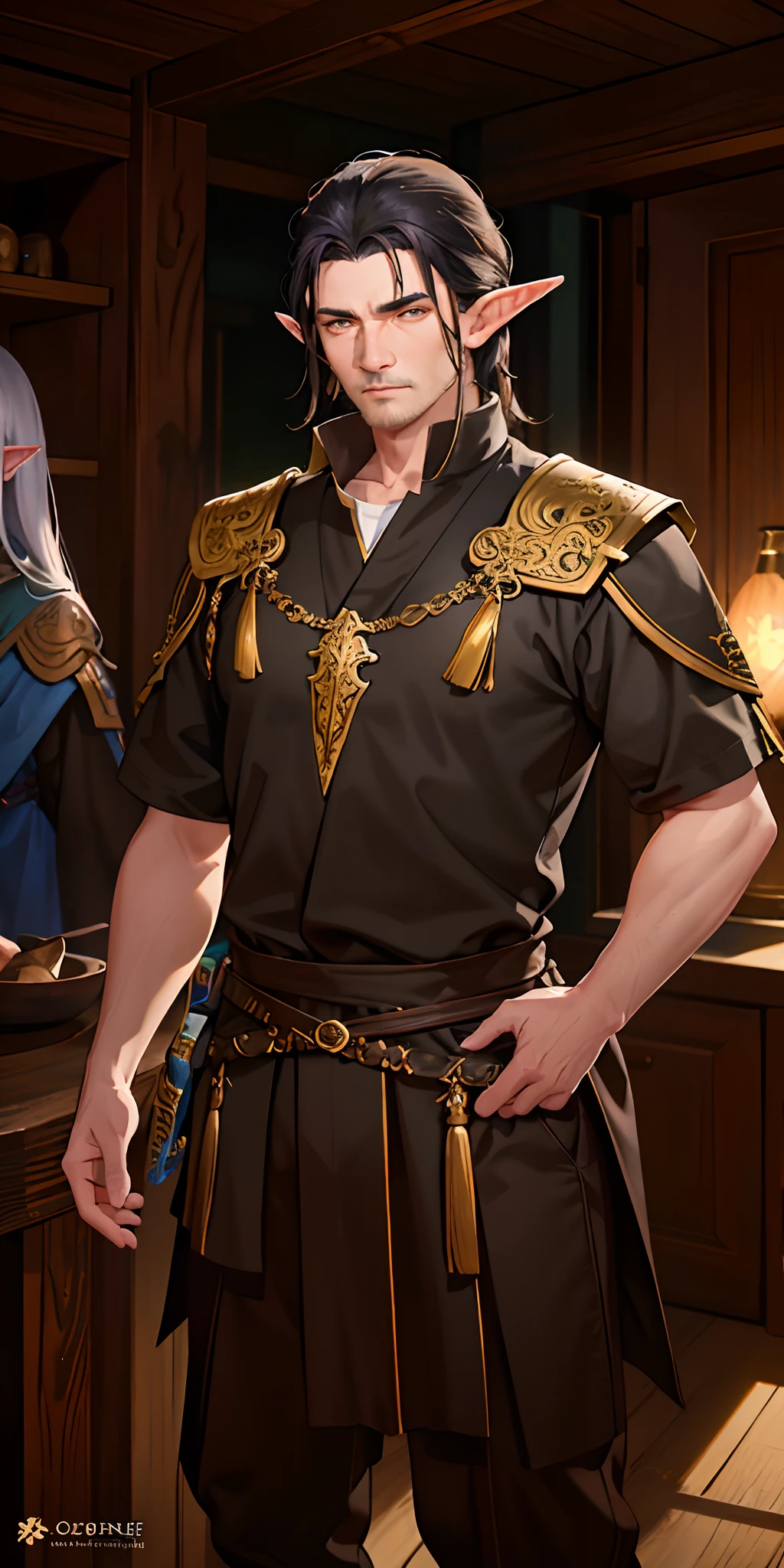 An masterfully crafted and intricate fantasy portrait depicting an rugged and determined middle-aged male elf Warrior monk with Golden Female Ghost Behind, sporting vibrant black hair.