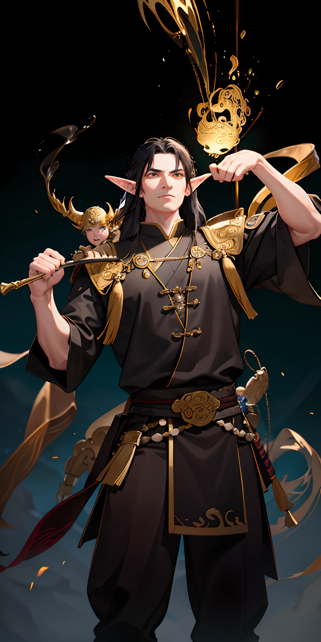 An masterfully crafted and intricate fantasy portrait depicting an rugged and determined middle-aged male elf kung fu monk with Golden Female Ghost Behind, sporting vibrant black hair.