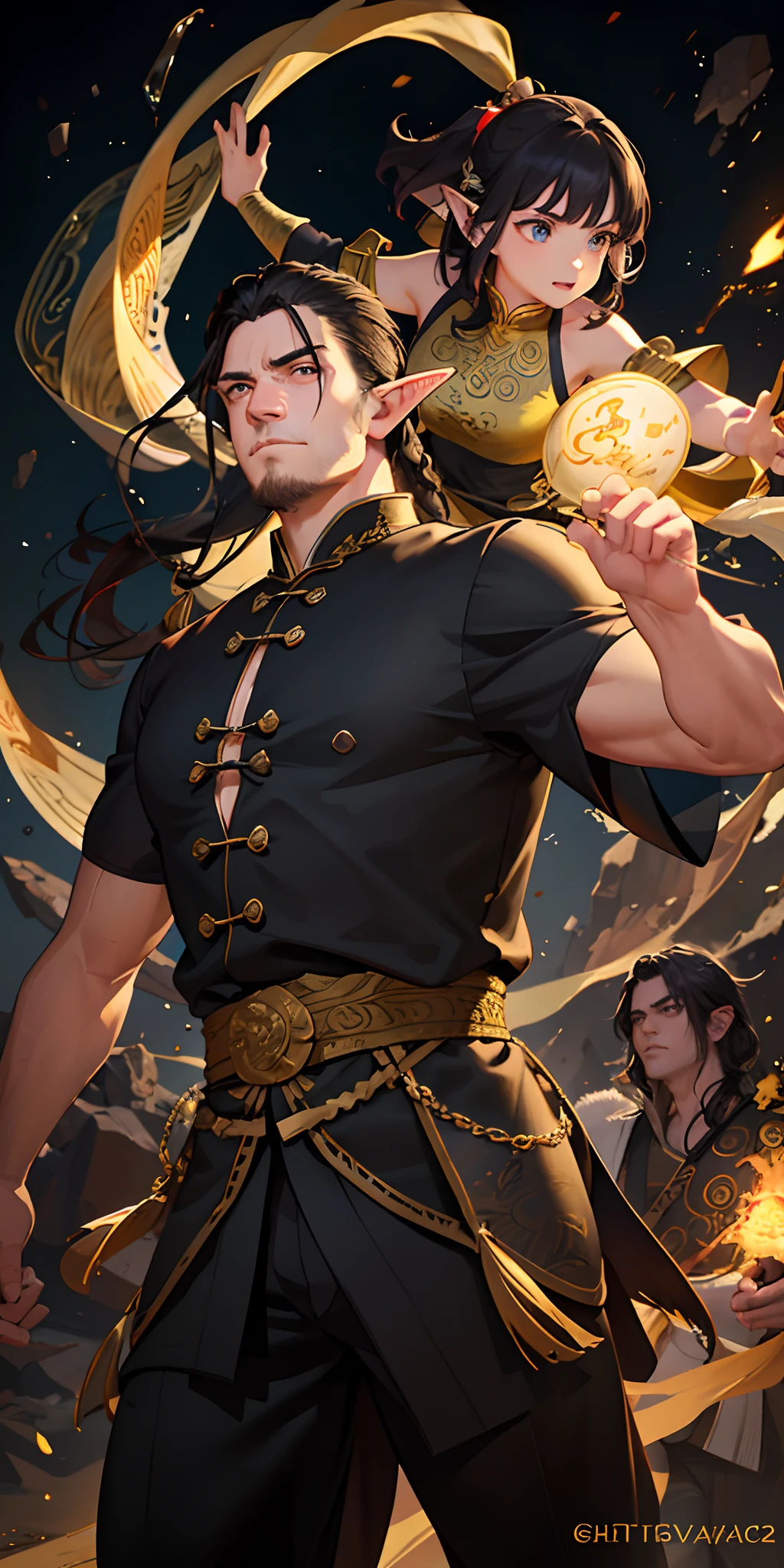 An masterfully crafted and intricate fantasy portrait depicting an rugged and determined middle-aged male elf kung fu monk ,with huge Golden Female Ghost Behind, sporting vibrant black hair.