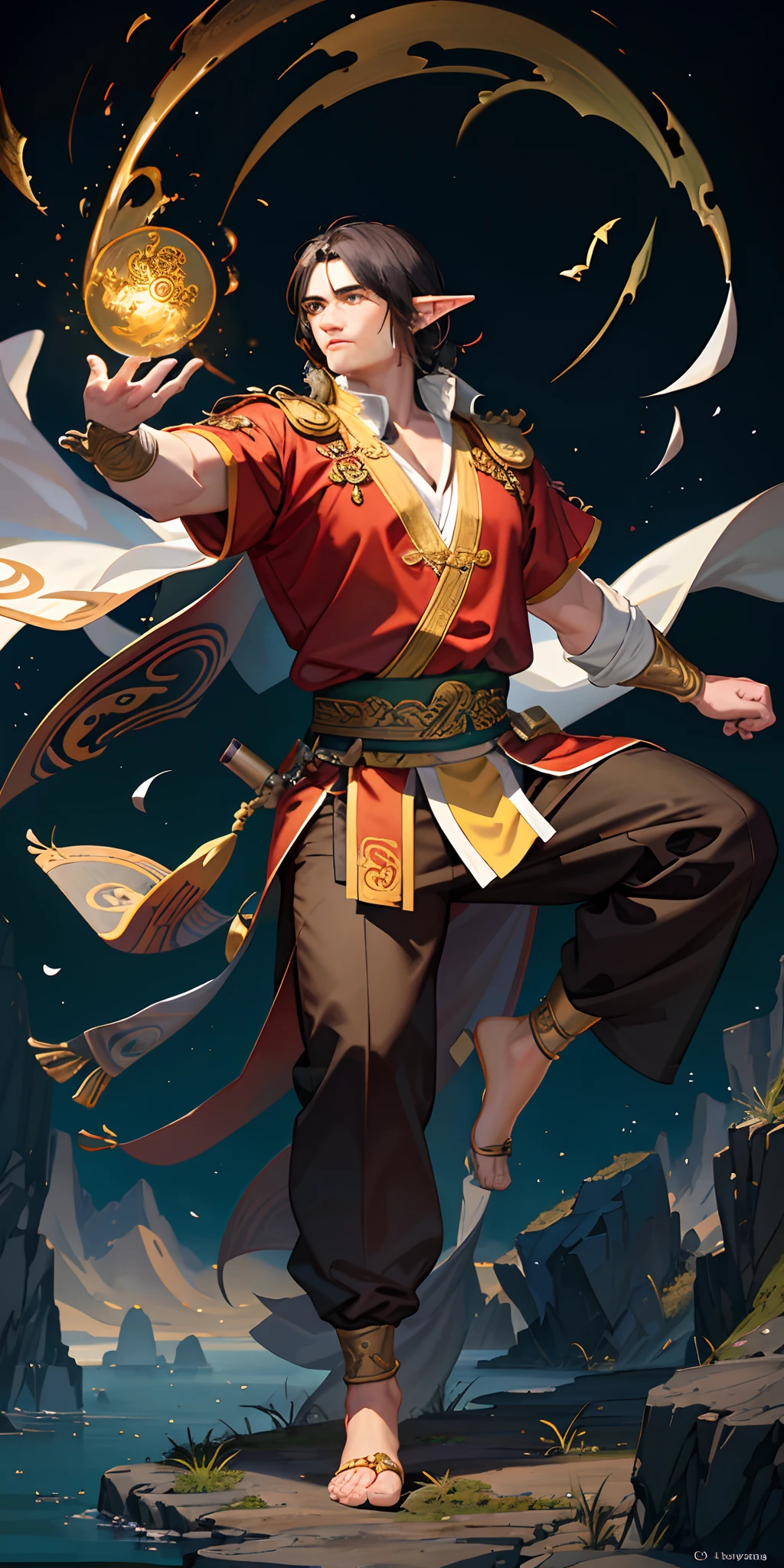 An masterfully crafted and intricate fantasy portrait depicting an rugged and determined middle-aged male elf kung fu monk ,with huge Golden woman spirit Behind, sporting vibrant black hair.