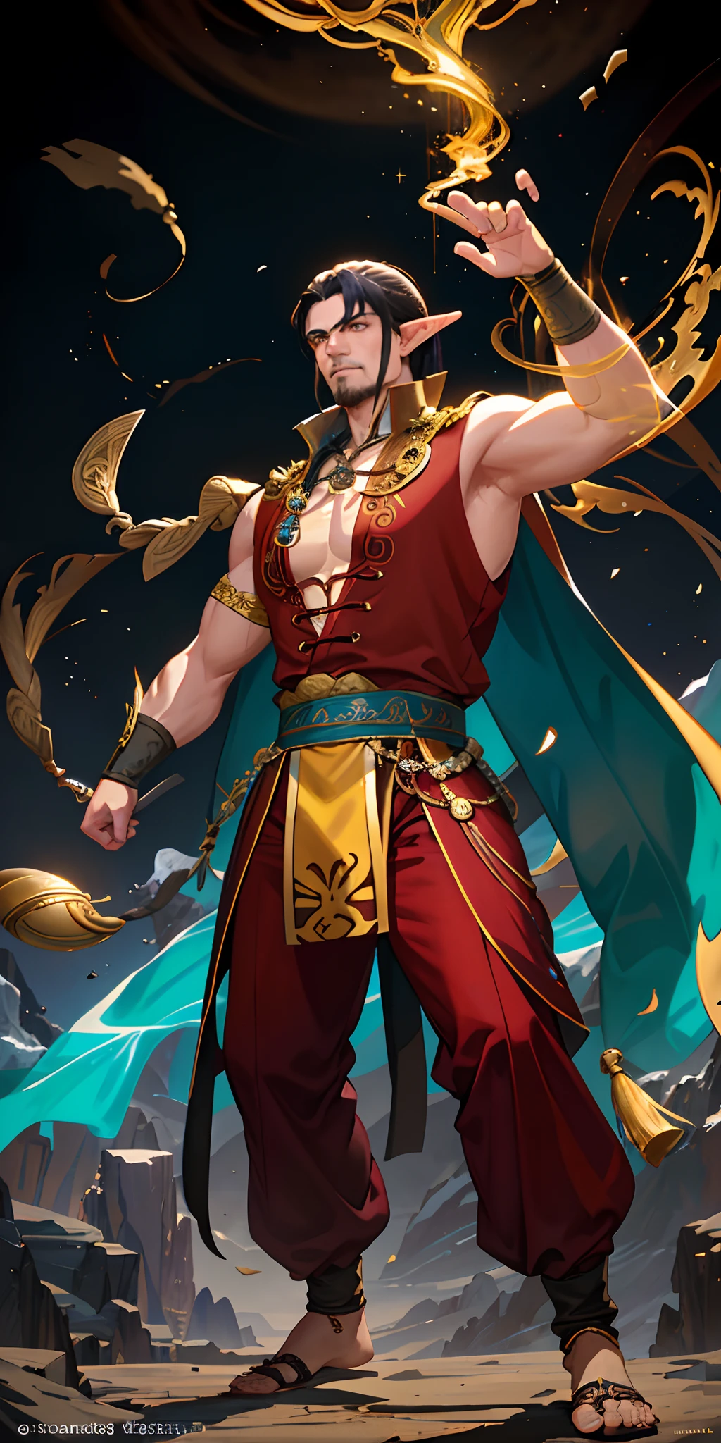 An masterfully crafted and intricate fantasy portrait depicting an rugged and determined middle-aged male elf kung fu monk ,with huge Golden woman spirit Behind, sporting vibrant black hair.