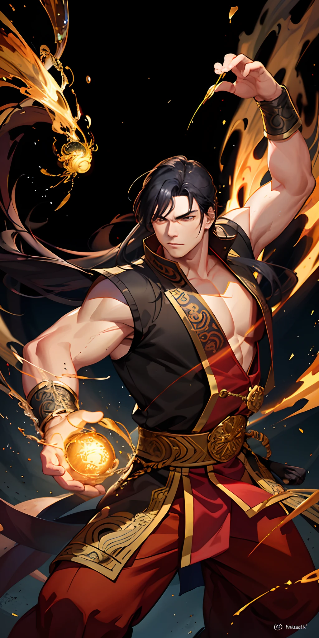 This is a carefully crafted, intricate fantasy portrait depicting a strong and determined middle-aged male kung fu monk with a huge golden spirit behind him and bright black hair.