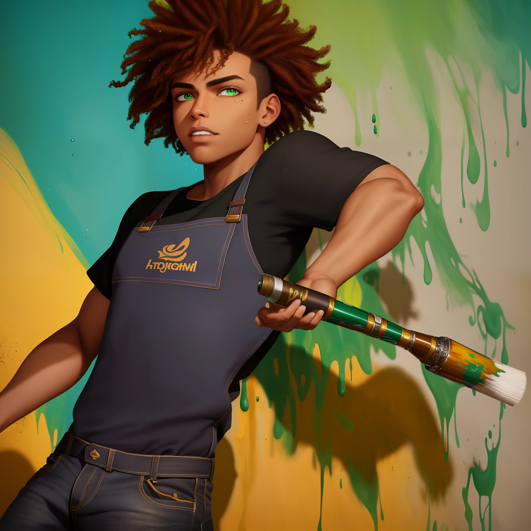 (dramatic illumination, dynamic angle, intense color contrast), [(1 black teen boy with curly blond hair and green eyes: 1.2), (wearing brown jeans a dark grey shirt a tan apron 1.1), (covered in paint droplets: 1.2), (painting a picture: 1.2)]
