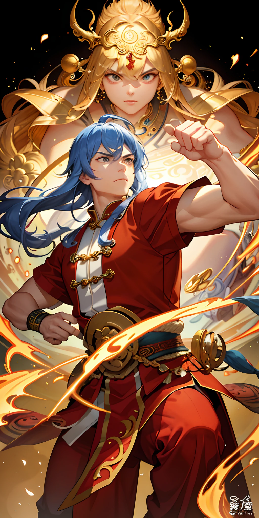 This is a carefully crafted, intricate fantasy portrait depicting a strong and determined middle-aged male kung fu monk with a huge golden goddess behind her and shining hair.