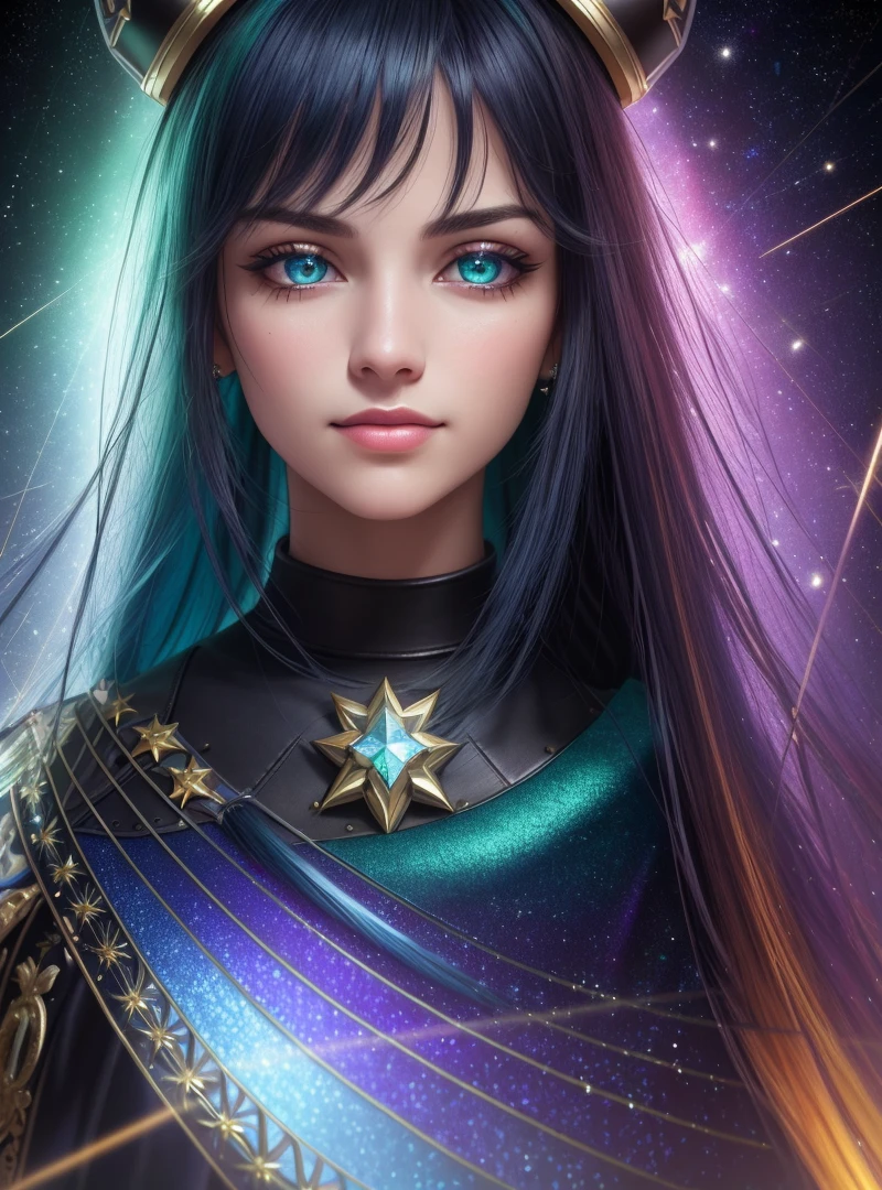 close-up, young adult woman, blue-violet green color palette, black hair with dark green glitter, two symmetrical antennas on the head, large blue sparkling eyes, eye rings, two-tone black and red, smiling at the camera, elegant pose, viewer view, bright stained glass background, oil painting, character portrait, painted with medibang paint, 4k wallpaper, aesthetics, masterpiece, award-winning photography, macro photography in vivid colors, photorealistic, atmospheric, cinematic, sullen, rule of thirds, majestic, detailed, perfect anatomical cowboy shot, counterpost, looking at the viewer, high resolution, superb, 8k wallpaper, extremely detailed, intricate, unreal engine 5, surround lighting, realistic, cinematic, 4k, cinematic lighting, 8k, depth of field, 3d, masterpiece, perfect, award-winning, ultra-detailed, photorealistic, ultra-realistic, realistic light, tough complex lighting, complex details, time-lapse photography, hyperfocus, tonal compression, sharp focus, hyperdetail, detailed eyes, eye focus, (illustration: 1.1), high resolution, (extremely detailed CG Unity 8k wallpaper: 1.1), (midground 1.25), (portrait: 1.25), (solo: 1.2), 1 girl, (pretty face: 1.15), (nixeu_soft: 0.7), (nixeu_white: 0.7),