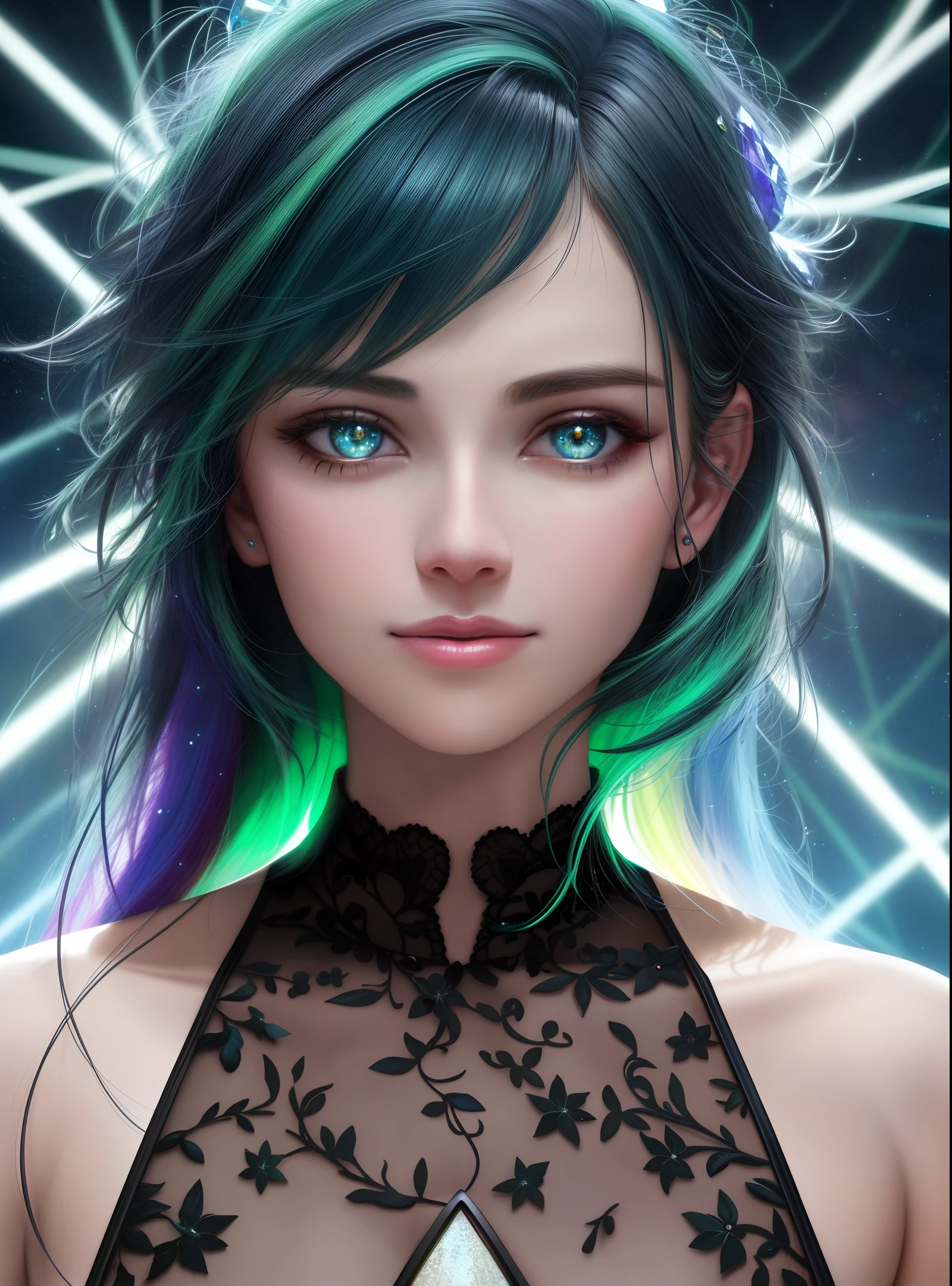 close-up, young adult woman, blue-violet green color palette, black hair with dark green glitter, two symmetrical antennas on the head, large blue sparkling eyes, eye rings, two-tone black and red, smiling at the camera, elegant pose, viewer view, bright stained glass background, oil painting, character portrait, painted with medibang paint, 4k wallpaper, aesthetics, masterpiece, award-winning photography, macro photography in vivid colors, photorealistic, atmospheric, cinematic, sullen, rule of thirds, majestic, detailed, perfect anatomical cowboy shot, counterpost, looking at the viewer, high resolution, superb, 8k wallpaper, extremely detailed, intricate, unreal engine 5, surround lighting, realistic, cinematic, 4k, cinematic lighting, 8k, depth of field, 3d, masterpiece, perfect, award-winning, ultra-detailed, photorealistic, ultra-realistic, realistic light, tough complex lighting, complex details, time-lapse photography, hyperfocus, tonal compression, sharp focus, hyperdetail, detailed eyes, eye focus, (illustration: 1.1), high resolution, (extremely detailed CG Unity 8k wallpaper: 1.1), (midground 1.25), (portrait: 1.25), (solo: 1.2), 1 girl, (pretty face: 1.15), (nixeu_soft: 0.7), (nixeu_white: 0.7),