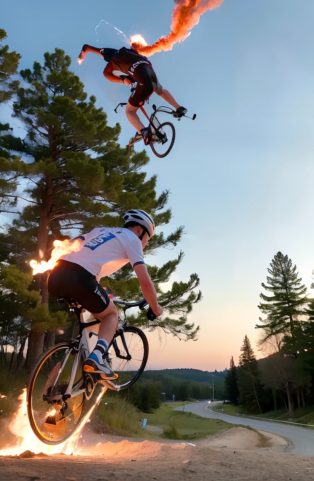 (8k, raw photo), (((cyclist doing flamethrower kickflips over man from cabin))), ((background is burning island cabin)), best quality