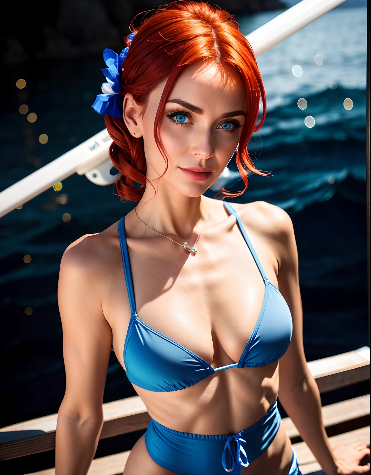 side angle photo of a gorgeous, 38 year old woman, blue eyes, milf, healthy skinny,short, clean skin texture, small, big lips, little noose, sexy (in white dress with cutouts), (red hair with blue mops), red hair blue mops, insanely detailed eyes, little boops, tiny boops, small tits,skinny, 1 / 2 body crop, 21.5 mm art lens, f 1. 1, sharp focus, 8 k high definition, insanely detailed, photorealistic, big shoulder, little neck, long lash, full lips, big lower lip, pink lips, firm breast, firm pushup, push up, firm chest, posing on a dock, sunny beach and sea in the background.