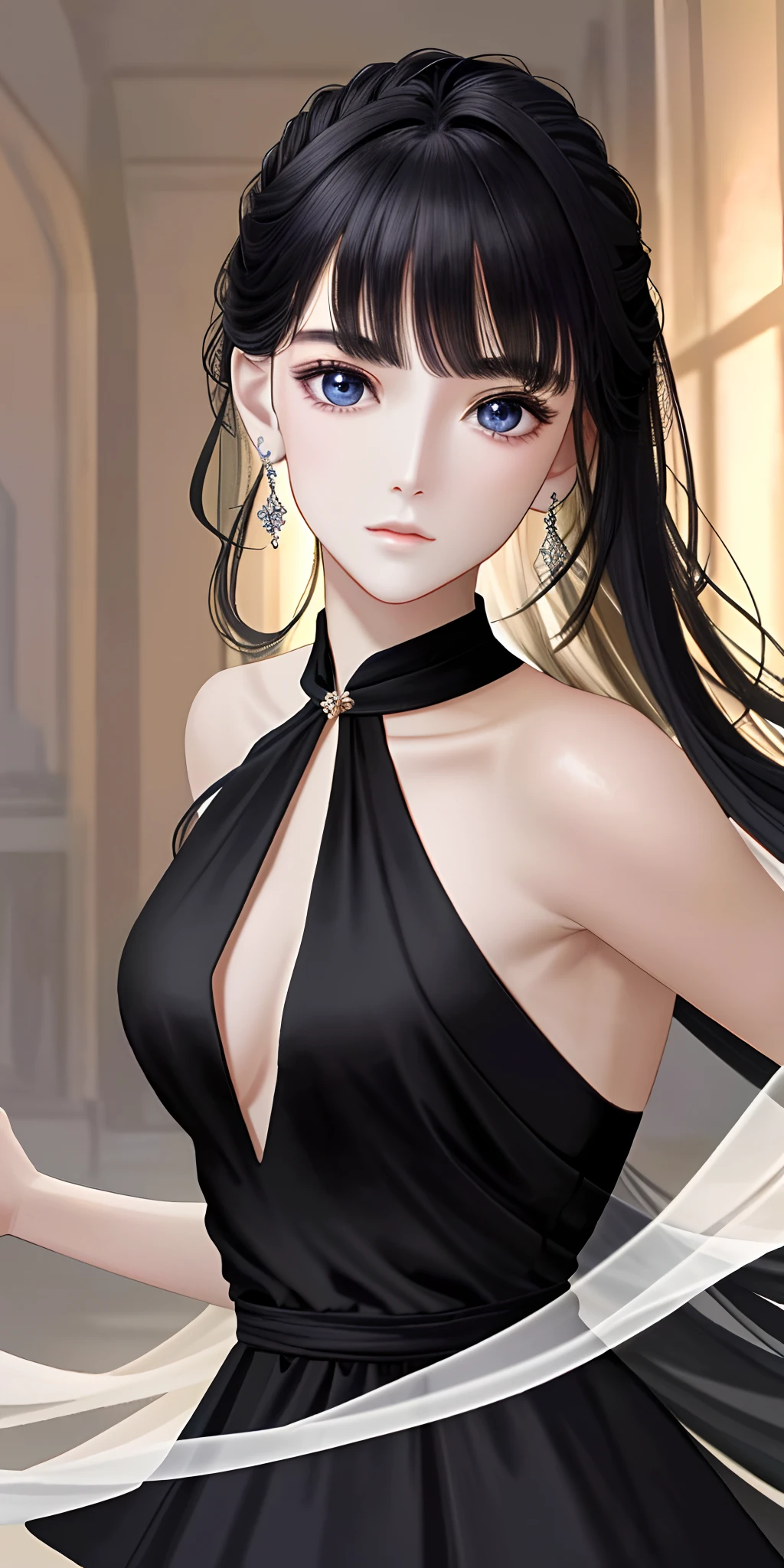 ((beautiful face)), extremely delicate face, creamy smooth skin, masterpiece, 1 girl, best quality, ultra-high resolution, (photorealistic: 1.4), whole body, gentle glow, amazing stage lighting, (In class), ((black dress with open shoulders)) look at the public, necklace