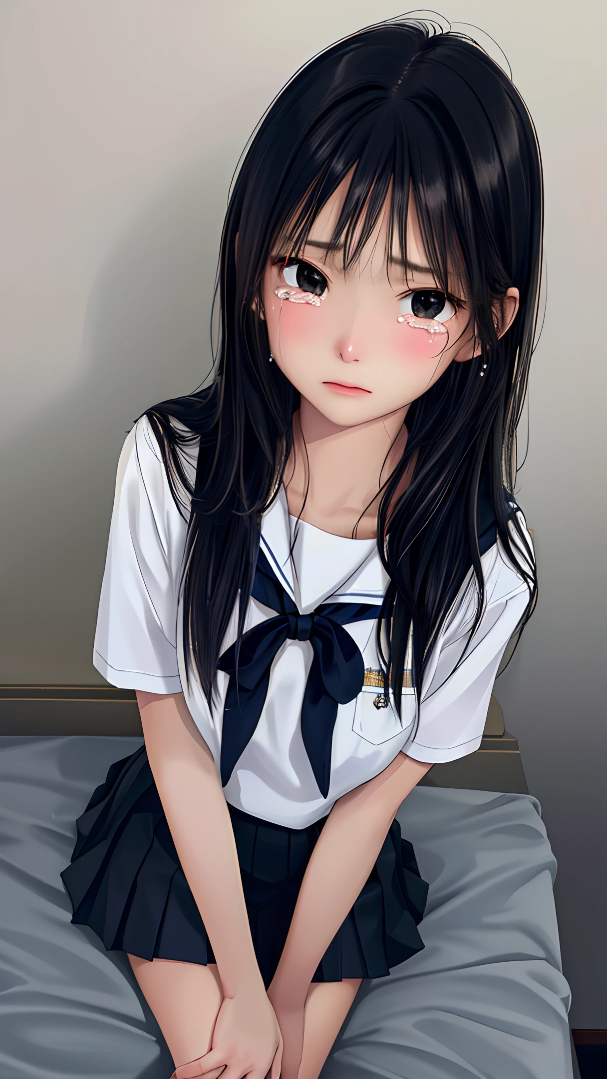 (masterpiece, best quality), realistic, sharp focus, ultra detailed, absurdres, highres, night, darkness, (cinematic lighting:1.2), 50mm portrait, sitting, indoor, bedroom, 1girl, full body, 15yo, cute, slender, (small breasts:0.6), shiny skin, school uniform, white shirt, short sleeve, (thick thighs:1.2), navy pleated mini skirt, black long hair, delicate facial features, view from above, look up, looking at viewer, (tears:1.3), (upset;1.0), (scared:1.3) 