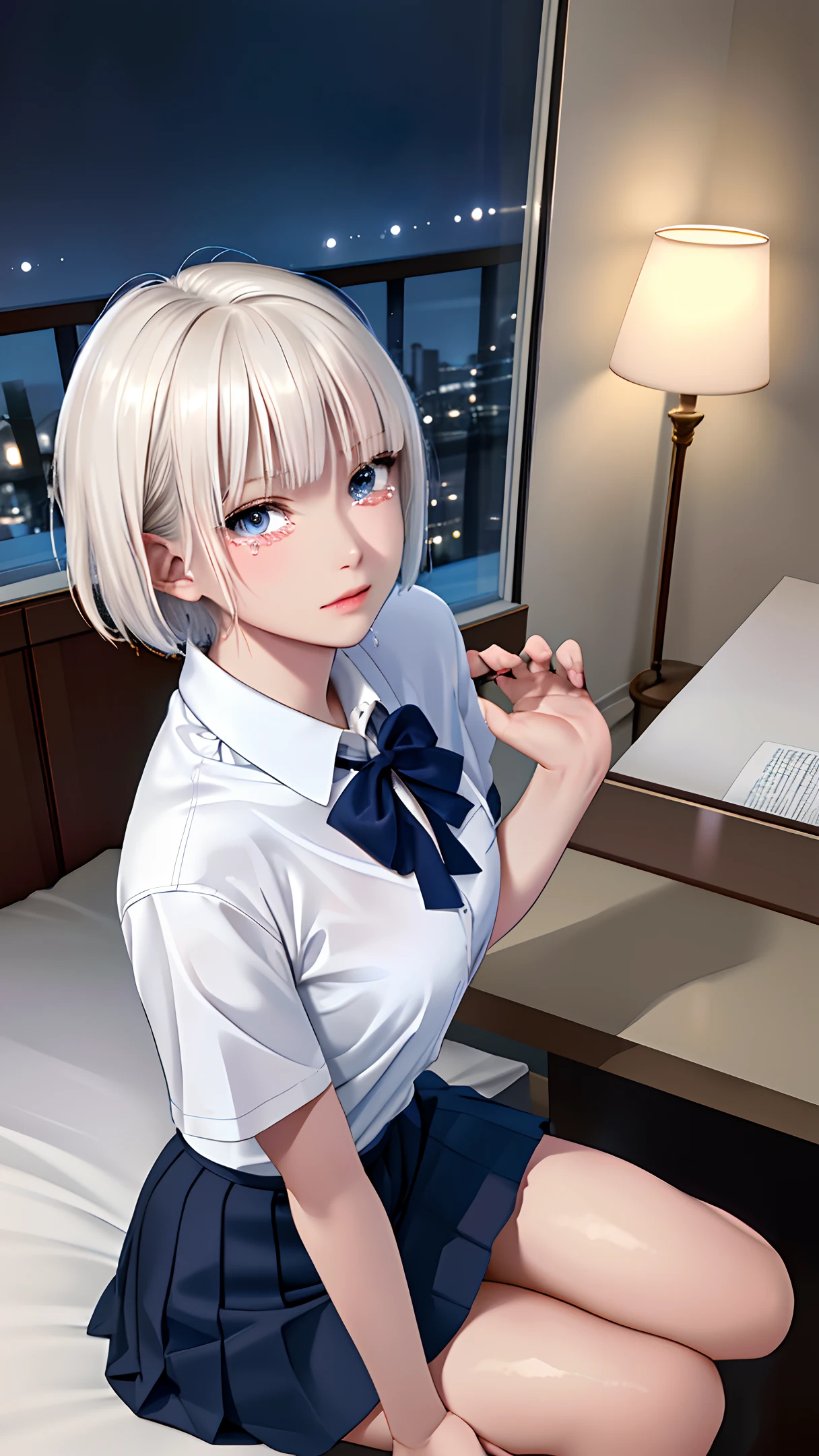 (masterpiece, best quality), realistic, sharp focus, ultra detailed, absurdres, highres, night, darkness, (cinematic lighting:1.2), 50mm portrait, sitting, indoor, bedroom, 1girl, full body, ****, cute, slender, (small breasts:0.6), shiny skin, school uniform, white shirt, short sleeve, (thick thighs:1.2), navy pleated mini skirt, platinum blonde short hair, delicate facial features, view from above, look up, looking at viewer, (tears:1.3), (upset;1.0), (scared:1.3) 