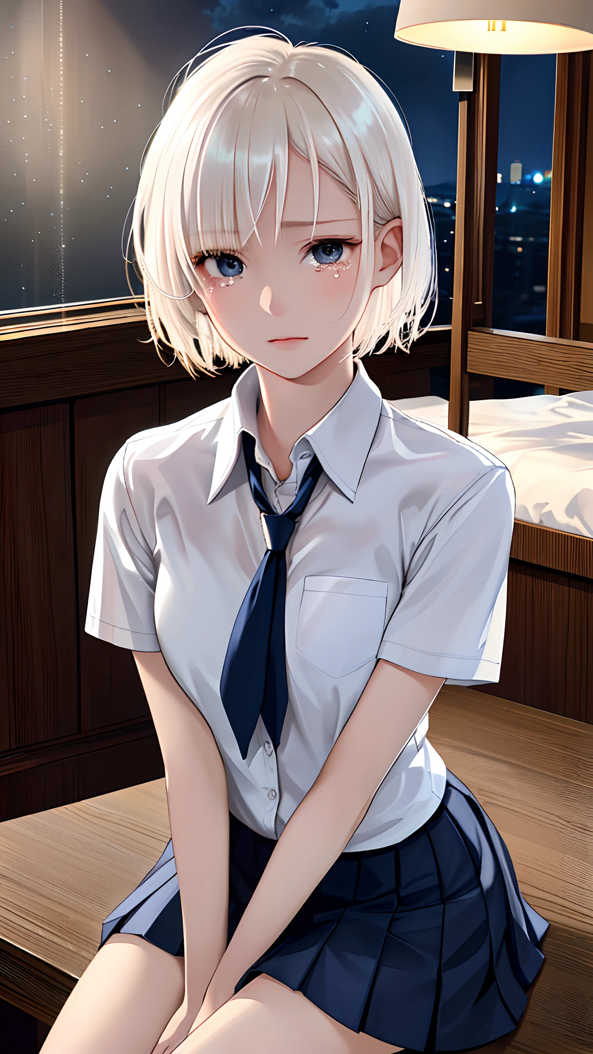 (masterpiece, best quality), realistic, sharp focus, ultra detailed, absurdres, highres, night, darkness, (cinematic lighting:1.2), 50mm portrait, sitting, indoor, bedroom, 1girl, full body, 15yo, cute, slender, (small breasts:0.6), shiny skin, school uniform, white shirt, short sleeve, (thick thighs:1.2), navy pleated mini skirt, platinum blonde short hair, delicate facial features, view from above, look up, looking at viewer, (tears:1.3), (upset;1.0), (scared:1.3) 