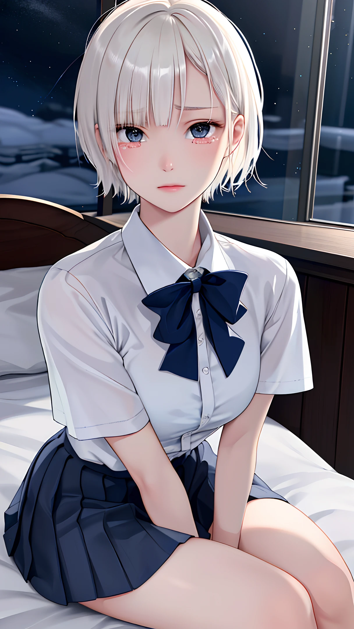 (masterpiece, best quality), realistic, sharp focus, ultra detailed, absurdres, highres, night, darkness, (cinematic lighting:1.2), 50mm portrait, sitting, indoor, bedroom, 1girl, full body, 15yo, cute, slender, (small breasts:0.6), shiny skin, school uniform, white shirt, short sleeve, (thick thighs:1.2), navy pleated mini skirt, platinum blonde short hair, delicate facial features, view from above, look up, looking at viewer, (tears:1.3), (upset;1.0), (scared:1.3) 