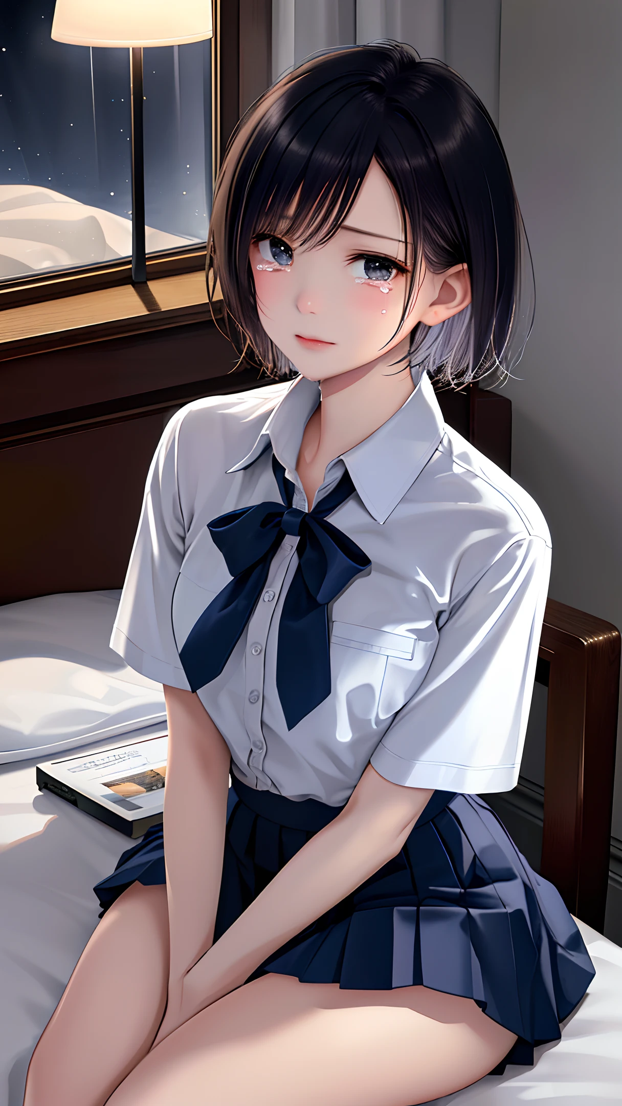 (masterpiece, best quality), realistic, sharp focus, ultra detailed, absurdres, highres, night, darkness, (cinematic lighting:1.2), 50mm portrait, sitting, indoor, bedroom, 1girl, full body, 15yo, cute, slender, (small breasts:0.6), shiny skin, school uniform, white shirt, short sleeve, (thick thighs:1.2), navy pleated mini skirt, short hair, delicate facial features, view from above, look up, looking at viewer, (tears:1.3), (upset;1.0), (scared:1.3) 