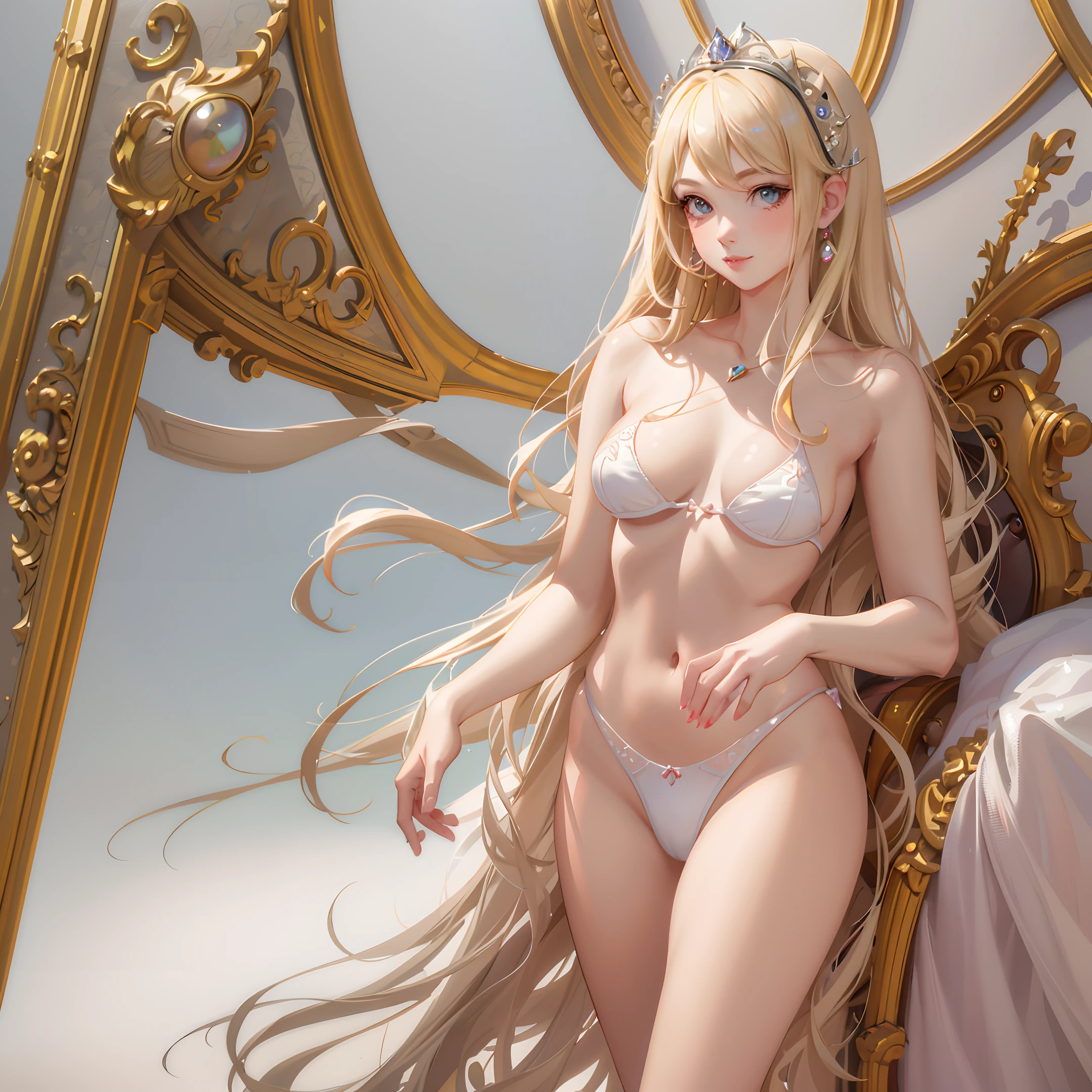 araffed woman in a lingerie posing on a bed, princess peach), princess peach, portrait of princess peach, pinup art, blonde - haired princess, cutesexyrobutts, extremely detailed artgerm, pinup pose, deviantart artstation cgscosiety, pinup, lola bunny fanart, royal elegant pose, anime princess, a human-like juicy peach