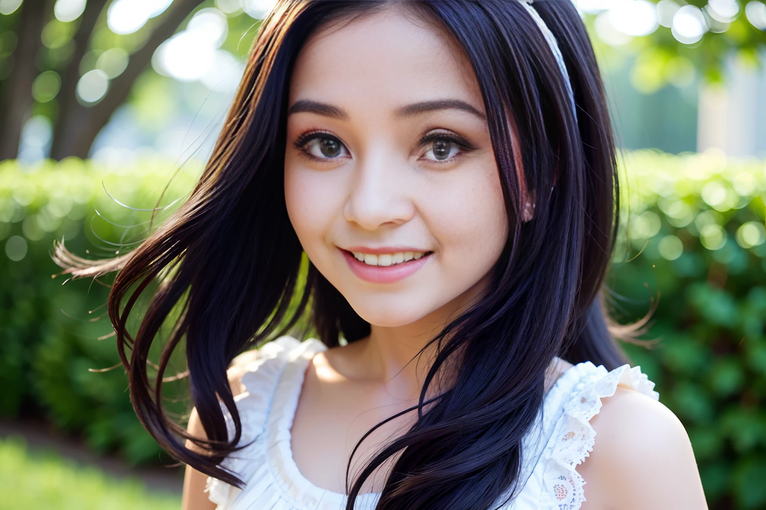 Arab little girl, smiling, trim lace, ribbon, black hair, waring white dress, (masterpiece:1.3), (best_quality:1.3), (ultra_detailed:1.3), 8k, extremely_clear, realism, (ultrarealistic:1.3), f1.8, cinematic soft light, cinematic look, sharp focus, soothing tones, garden background, intricate details