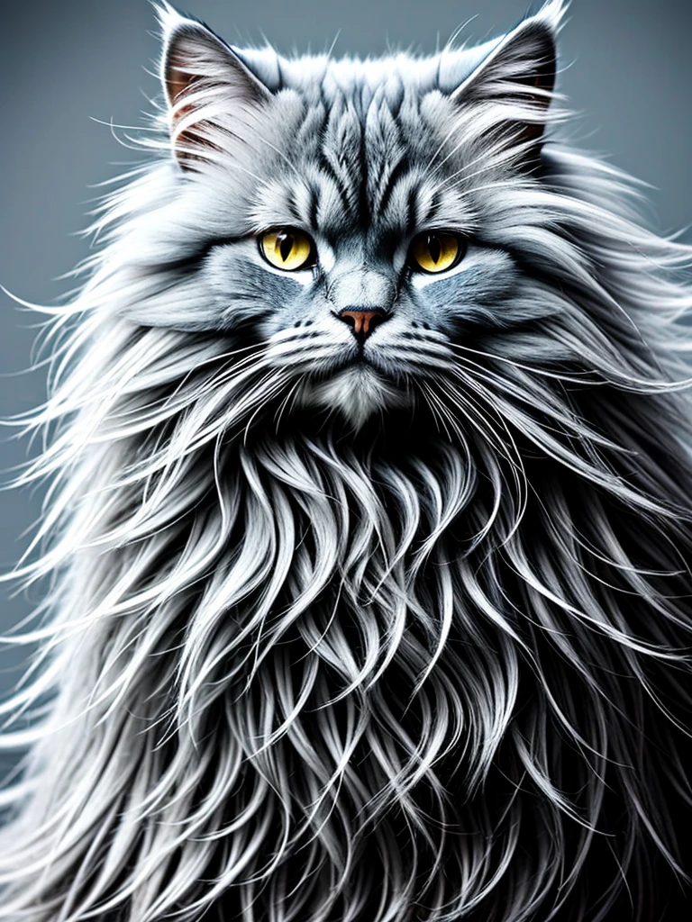 A proud long-haired Persian cat, flat face, look of contempt,blue gray coat, clear hair, hairy, fluffy & soft fur, (intricate details), hdr, (intricate details, hyperdetailed:1.2), crafted, meticulous, (extremely hyper aesthetic), maximum details,4k textures, cinematic shot, vignette, centered, soothing tones,