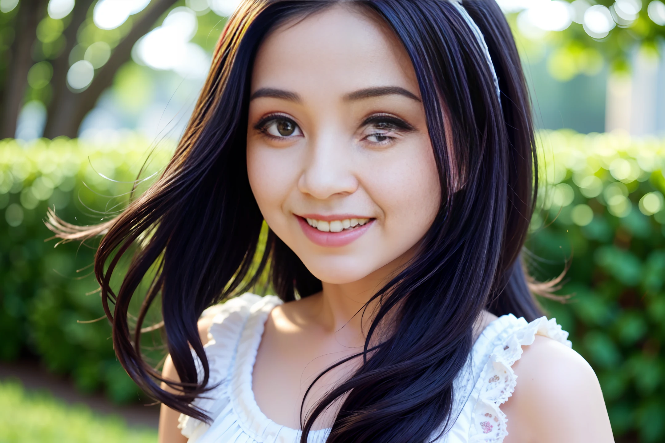 Arab little girl, smiling, trim lace, ribbon, black hair, waring white dress, (masterpiece:1.3), (best_quality:1.3), (ultra_detailed:1.3), 8k, extremely_clear, realism, (ultrarealistic:1.3), f1.8, cinematic soft light, cinematic look, sharp focus, soothing tones, garden background, intricate details