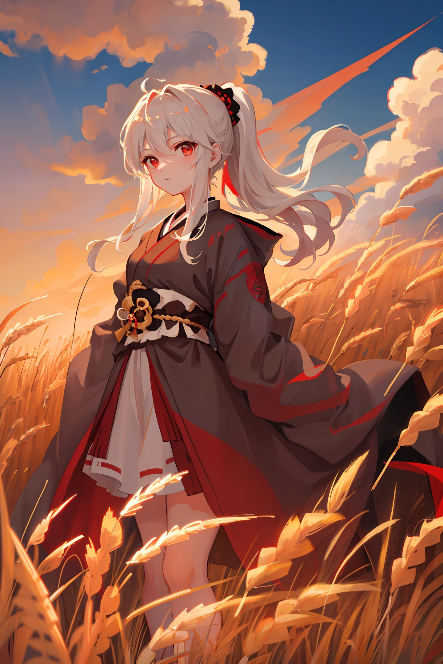 "Masterpiece, best quality portrait of 1 girl with white hair in a ponytail and red eyes, dressed as a samurai, set against a wheat landscape with sun and clouds. Neutral colors and HDR effect with a weight of 1.4."