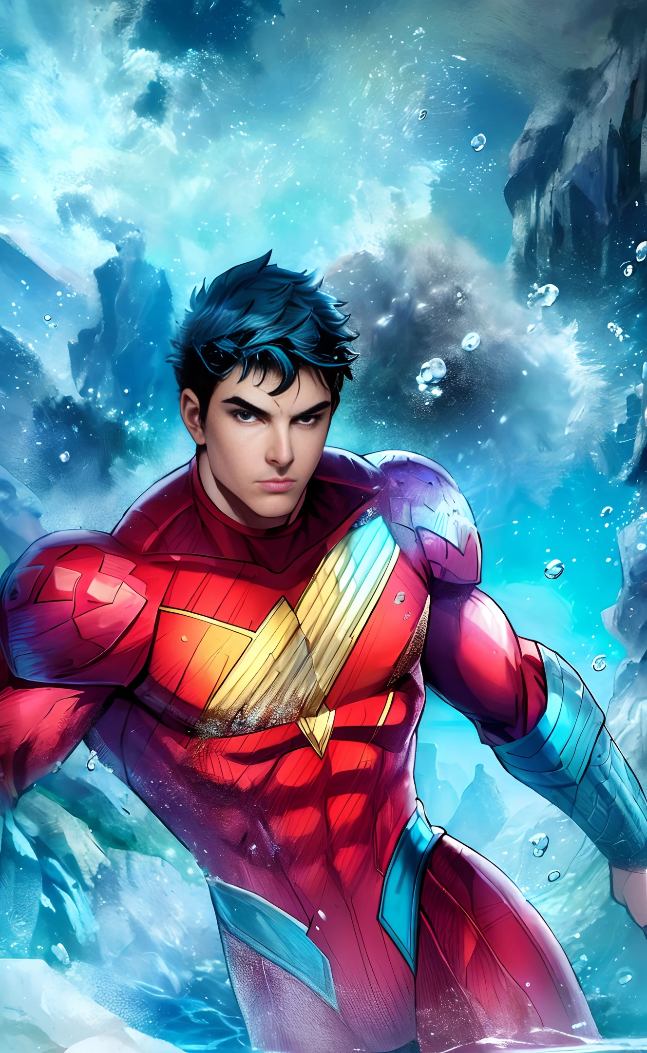 1boy, underwater scene, portrait of Kaldur'ahm (Aqualad), athletic, mist, particles, male focus, muscular, muscular male, night, outdoors, serious, , detailed background, looking at viewer, face to camera, jim lee,