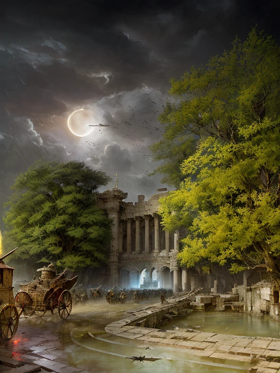 epic, hyperdetailed 3d matte painting, cinemascope panoramic, awe inspiring, colossal, landscape, ((close quarters fight, warriors)), battle, (( He drives his (chariot), there arose (((a night Dark with huge slaughter and with crime))), and groans As of a voice immense, and sound of alms As fell the wearer, and of (sword) on sword Crashed into fragments With a ready (hand) Caesar supplies the (weapon) and bids (strike) Full at the visage and with (lance) reversed Urges the flagging ranks and (stirs the fight), where flows (the nation's (blood)), where beats the (heart), Knowing he bids them spare the common herd, But seek the senators, thus Rome (he strikes), Thus the last hold of Freedom )), natural skin texture, muted colors, sharp focus, ((((cinematic look)))), insane details, intricate details, (clutter:1.3), (decay:1.3), (grit:1.3), (darkness), (grunge:1.3), (oozing pools of filth:1.3), art by greg rutkowski and by caravaggio and by moebius and by alphonse mucha and by David Teniers the Elder