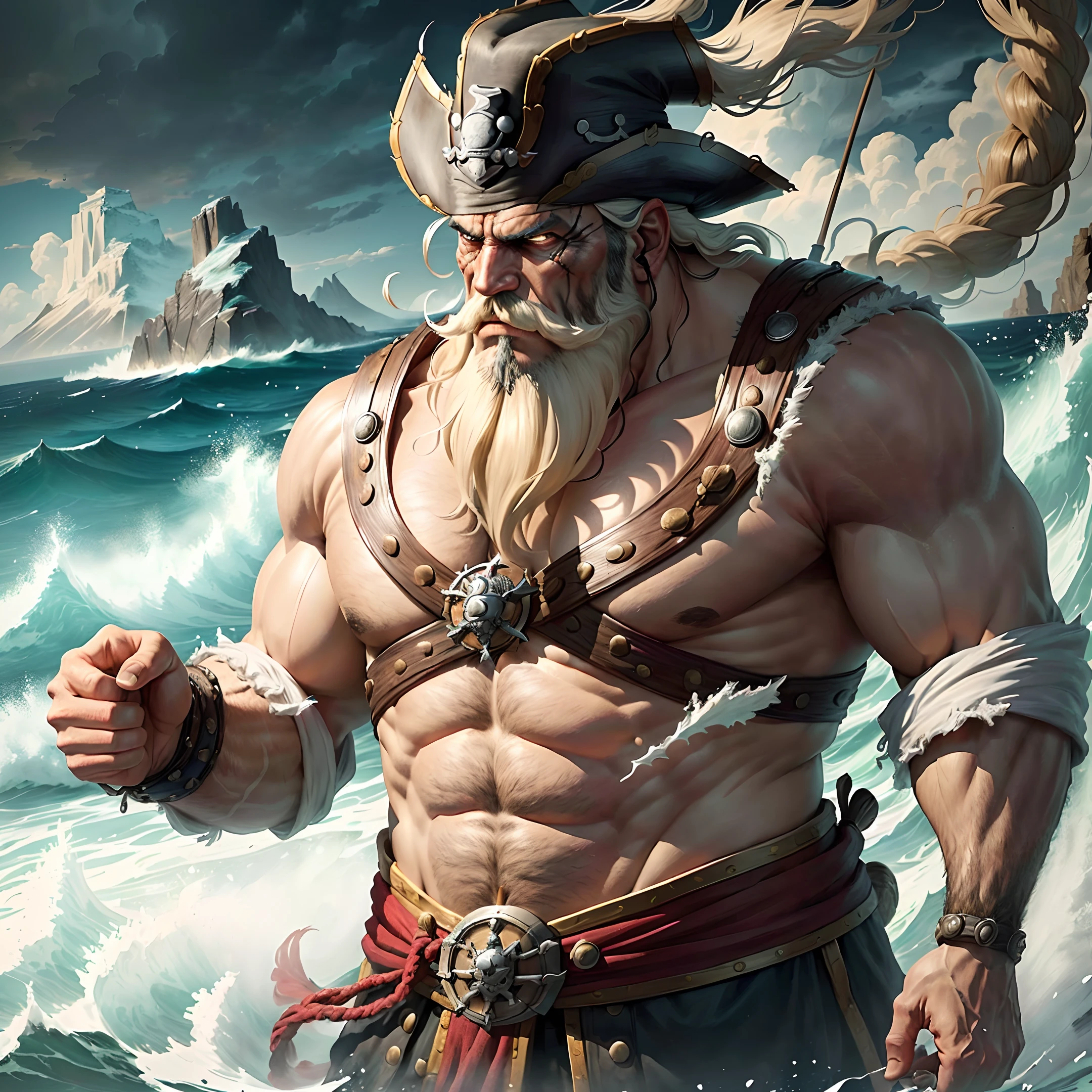Extremely detailed and ultra-realistic CG portrait of Whitebeard, the legendary pirate, featuring his iconic white mustache and beard, scarred face, and serious expression. Dynamic camera angle and lighting, with an emphasis on shadow and contrast, to highlight the character's rugged and imposing presence. Surrounding scene includes a vast ocean, imposing mountains, and turbulent weather to conjure up a sense of adventure and danger.