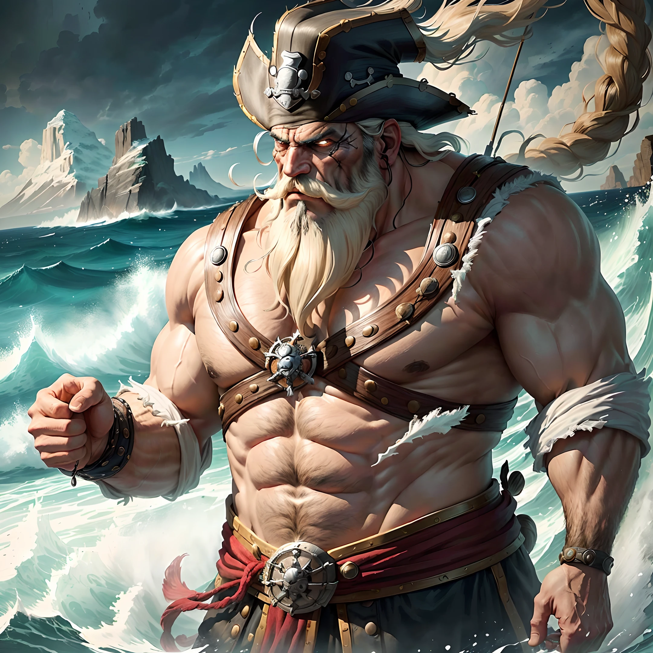 Extremely detailed and ultra-realistic CG portrait of Whitebeard, the legendary pirate, featuring his iconic white mustache and beard, scarred face, and serious expression. Dynamic camera angle and lighting, with an emphasis on shadow and contrast, to highlight the character's rugged and imposing presence. Surrounding scene includes a vast ocean, imposing mountains, and turbulent weather to conjure up a sense of adventure and danger.
